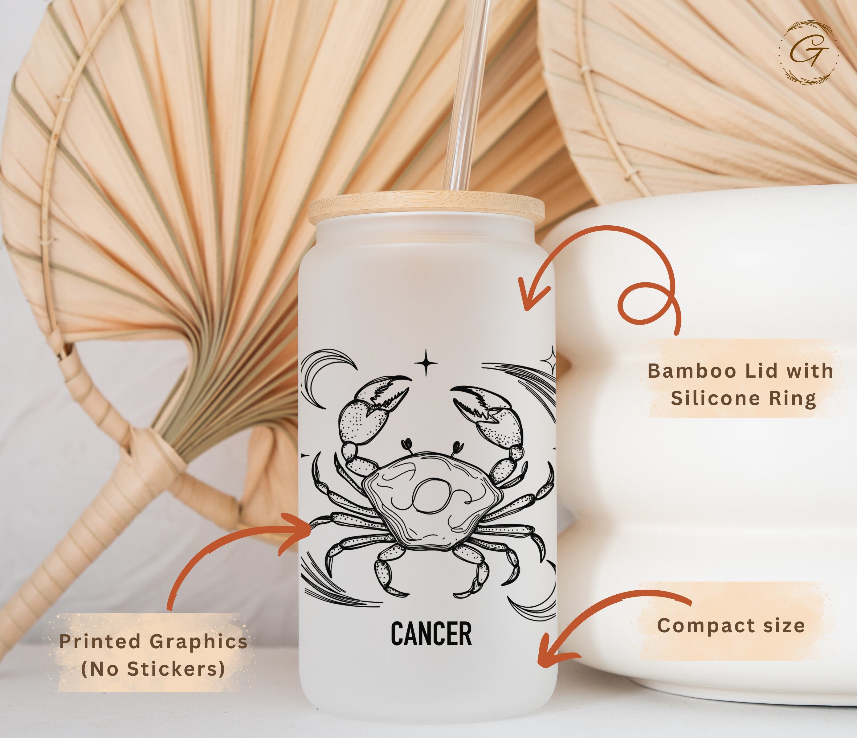 Cancer Zodiac Sign Frosted Glass Cup Cancer Astrology Libbey Glass