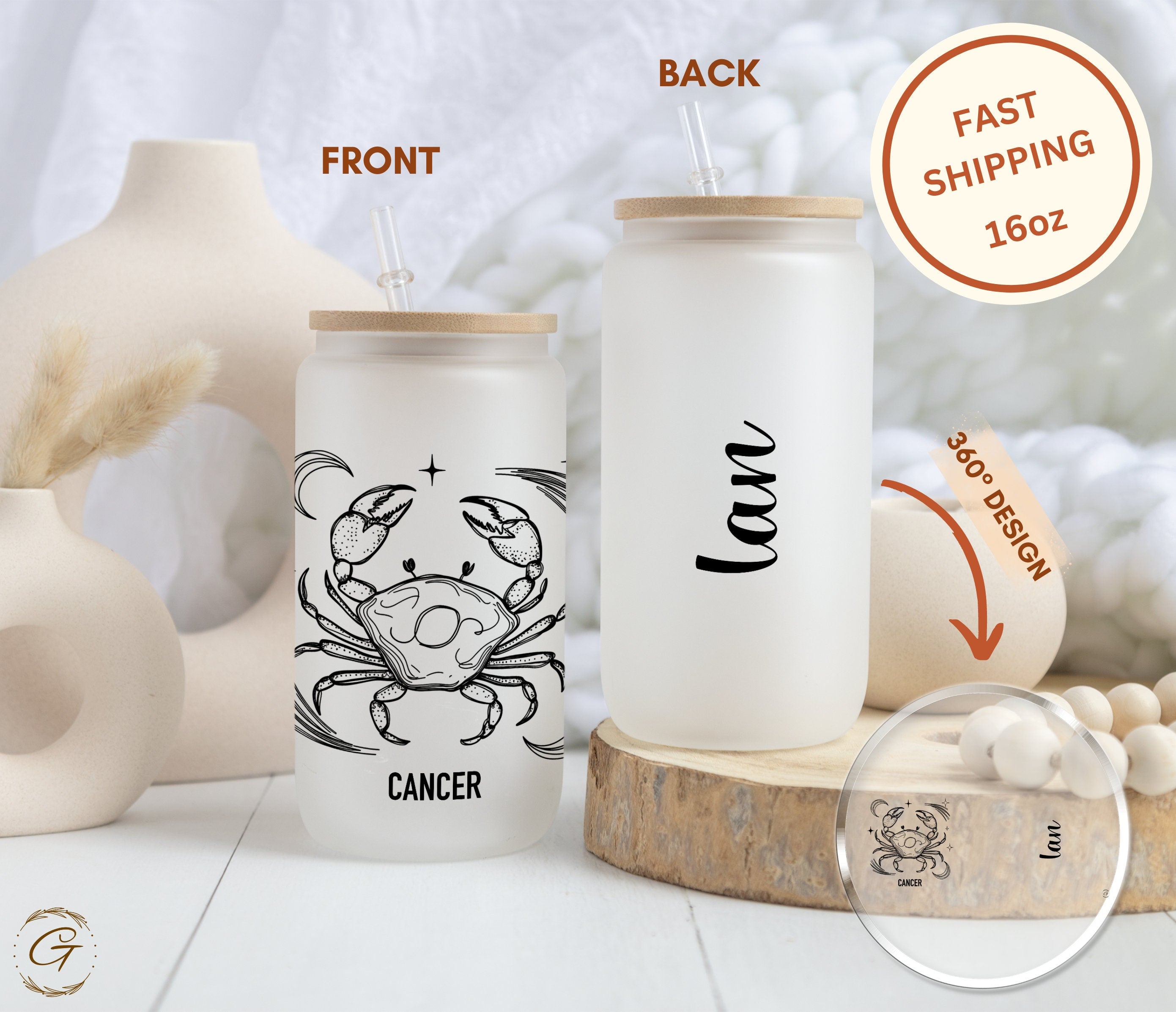 Cancer Zodiac Sign Frosted Glass Cup Cancer Astrology Libbey Glass