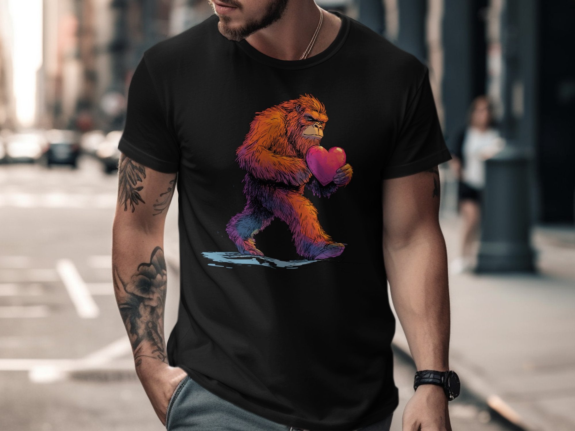Colorful Bigfoot Holding Heart Black T-shirt product type