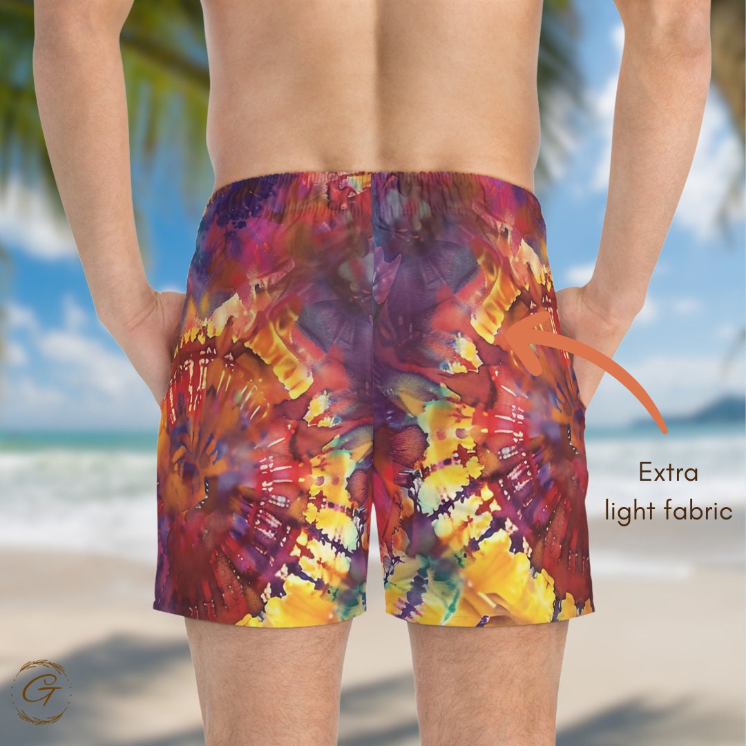 Colorful Tie Dye Swim Trunks, AOP Design,  Perfect for Summer, Unique Vibrant Tie Dye Beachwear,  Fun Summer Swimwear, Gift for Beach Lovers