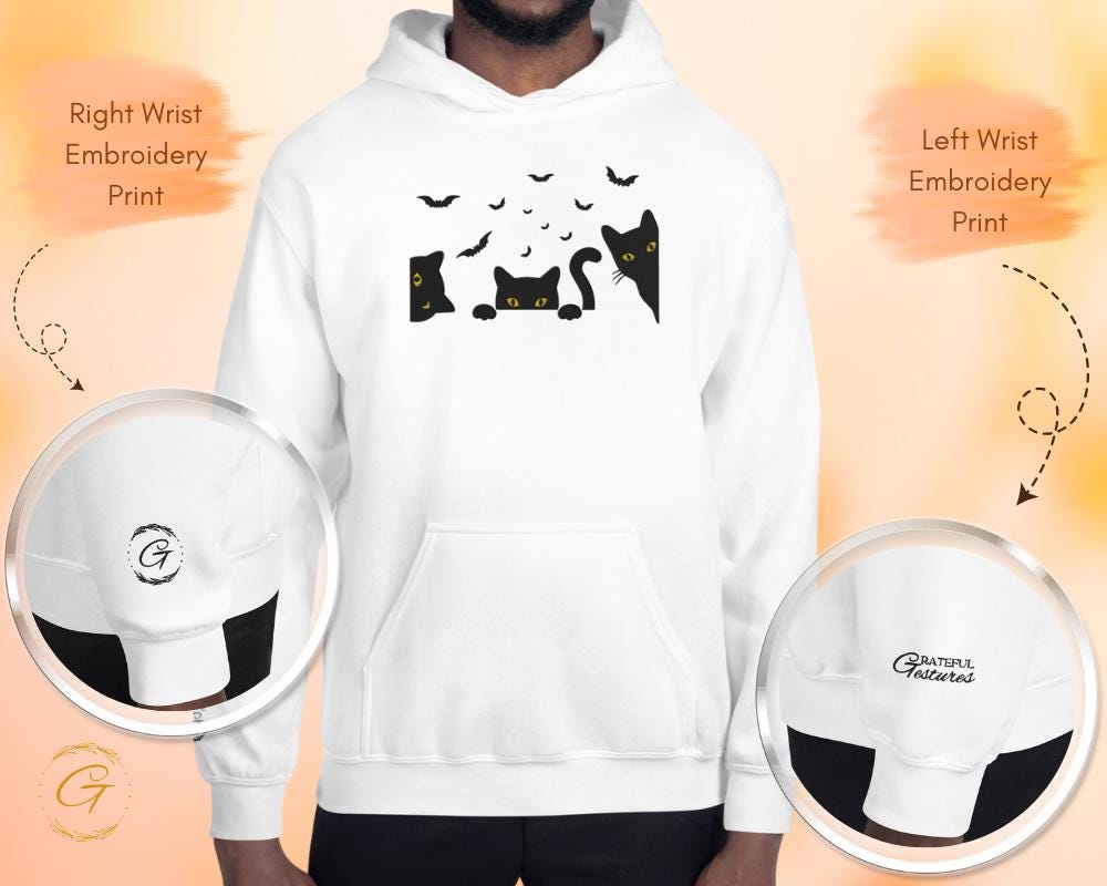 Halloween Hoodie, Embroidery Spooky Cats Hoodie, Bats and Cats Sweatshirt,  Halloween Pullover, Black Cats Hooded Top, Spooky Hooded Sweater