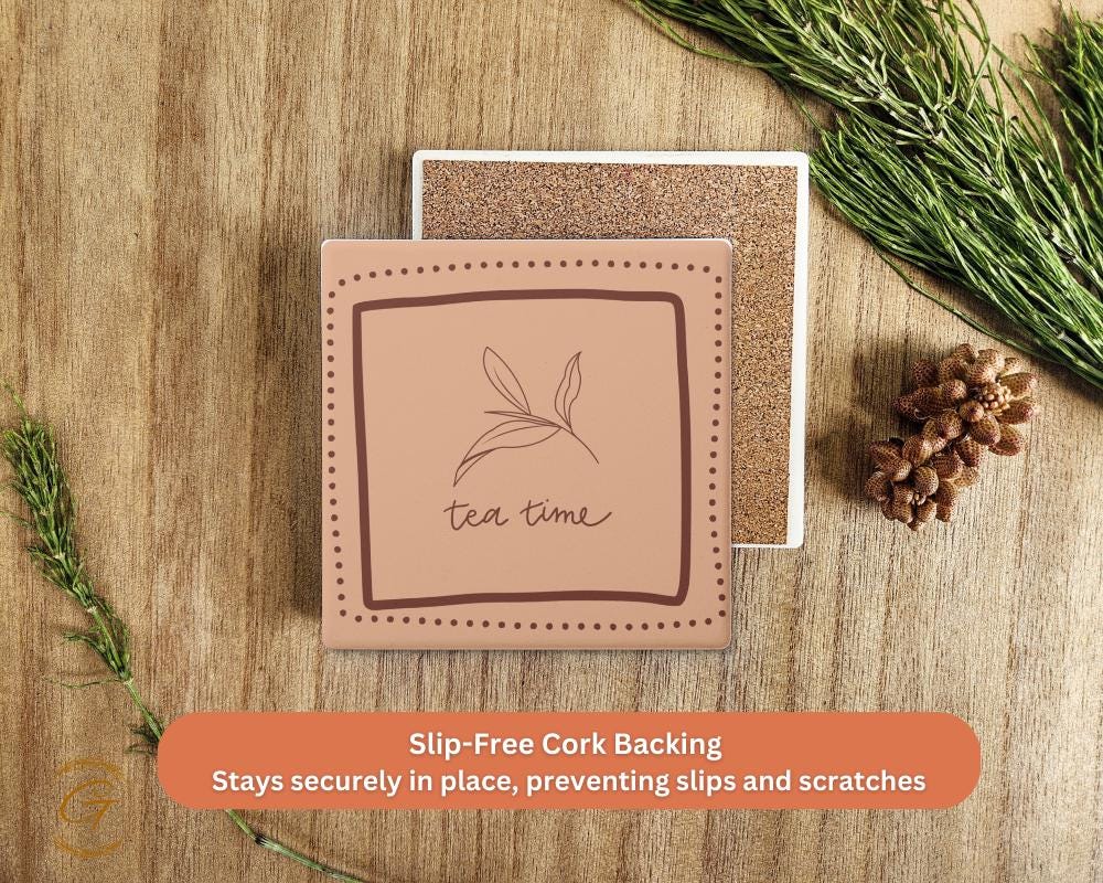 Soapstone Coaster Tea Time Brown Square Design with Cork Backing Unique Tea Lovers Gift,Functional Home Decor Stylish Table's Drink Coaster