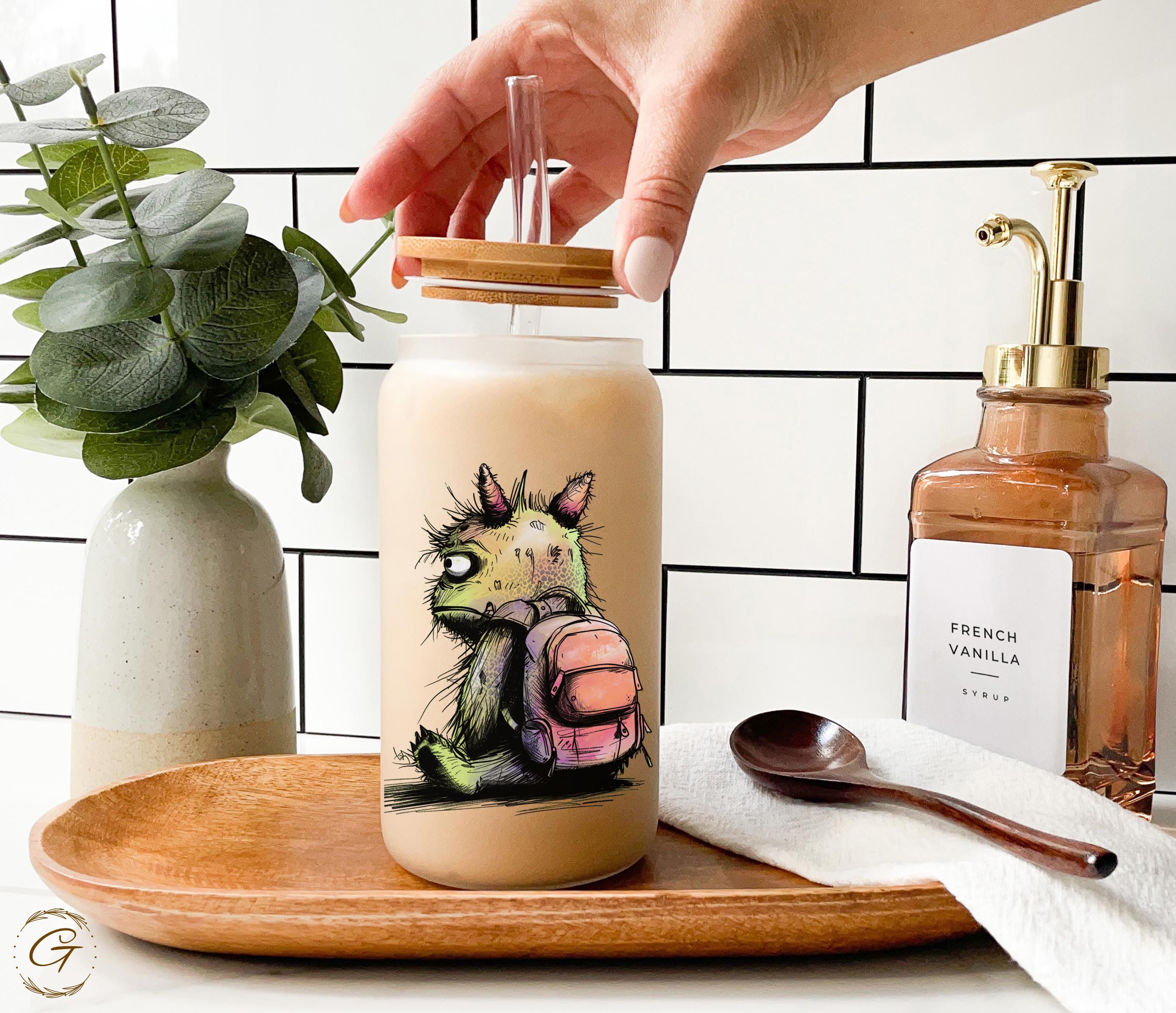Cute Frosted Glass Cup with Summer Monster