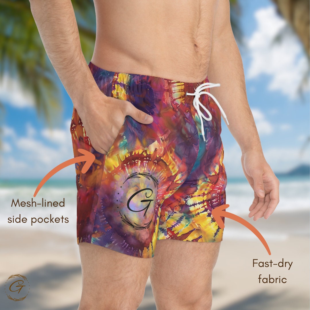 Colorful Tie Dye Swim Trunks, AOP Design,  Perfect for Summer, Unique Vibrant Tie Dye Beachwear,  Fun Summer Swimwear, Gift for Beach Lovers