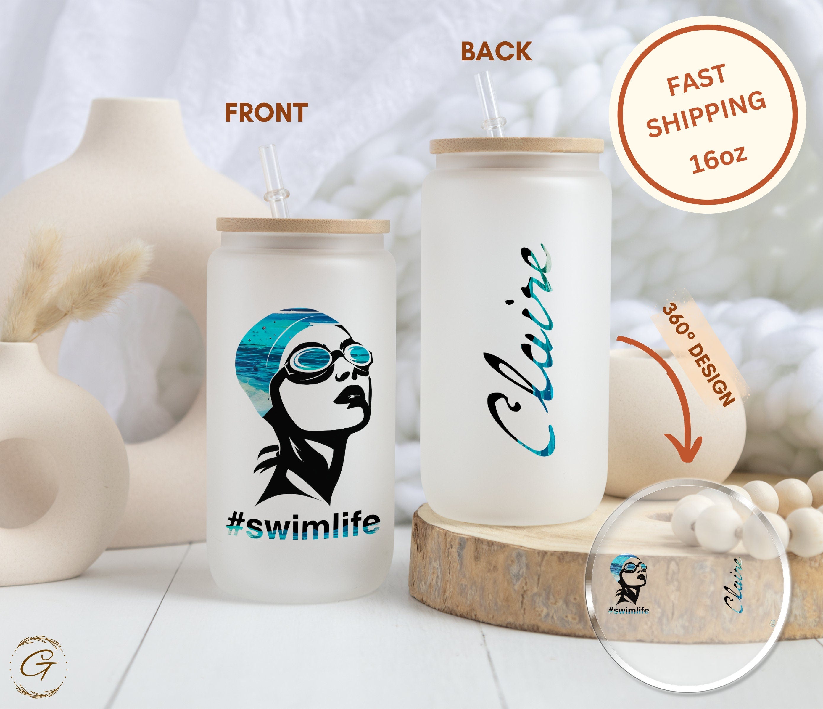 Swim Life Frosted Glass Cup Design,  Personalized Name Libbey Cup