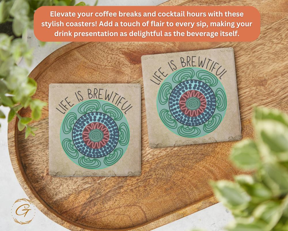Soapstone Coaster with "Life Is Brewtiful" Design with Cork Backing Unique Coffee Lover Gift Inspirational Drink Coaster, Stylish Home Decor