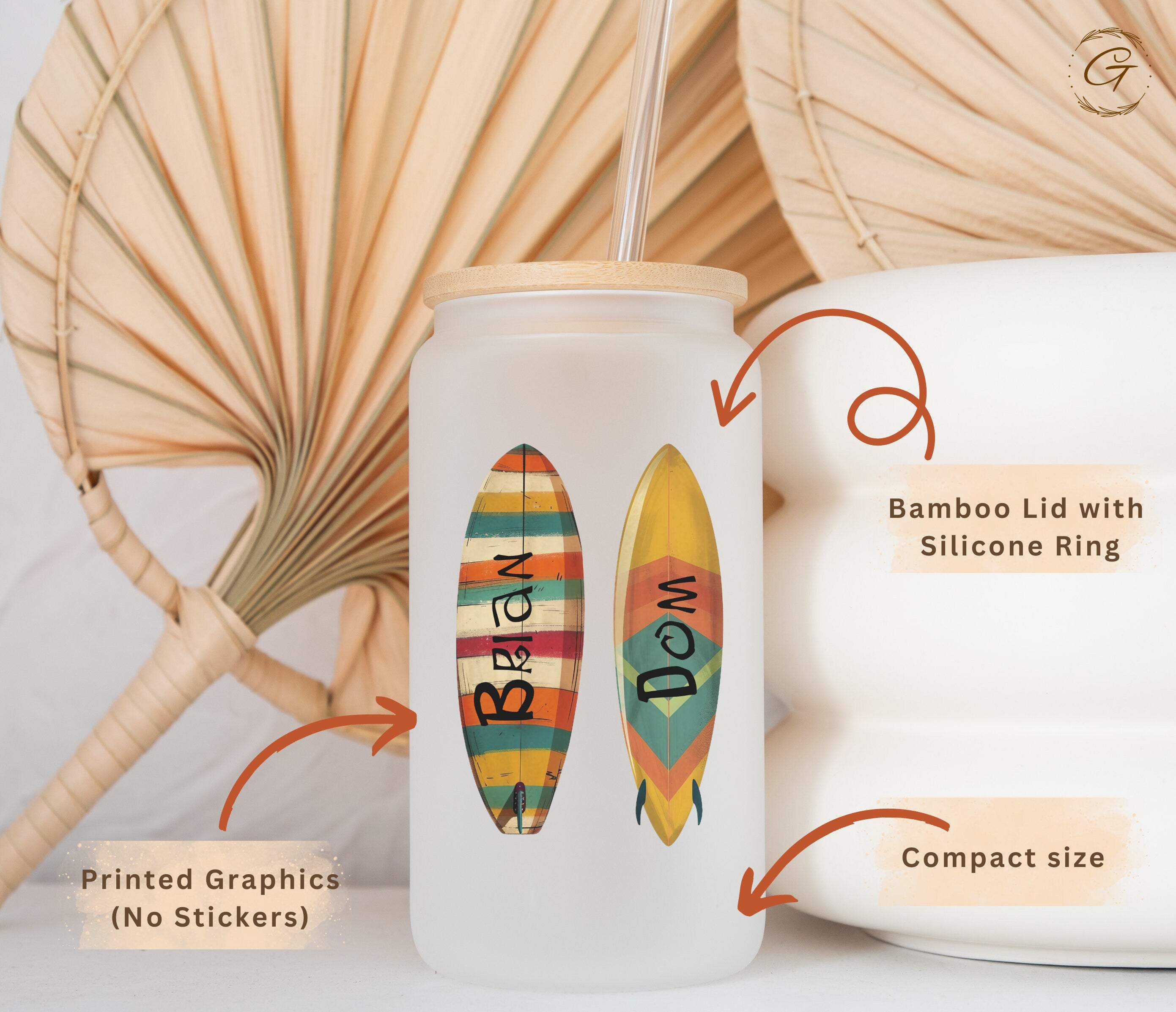 Surf Buddies Colorful Surfboard Design Frosted Glass Cup