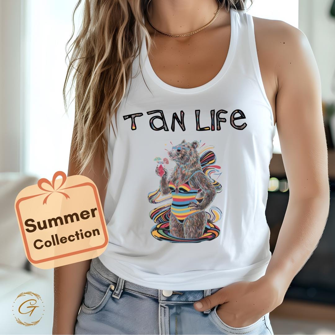 Colorful Tan Life Graphic Racerback Fun Bear in Swimsuit Tank Top
