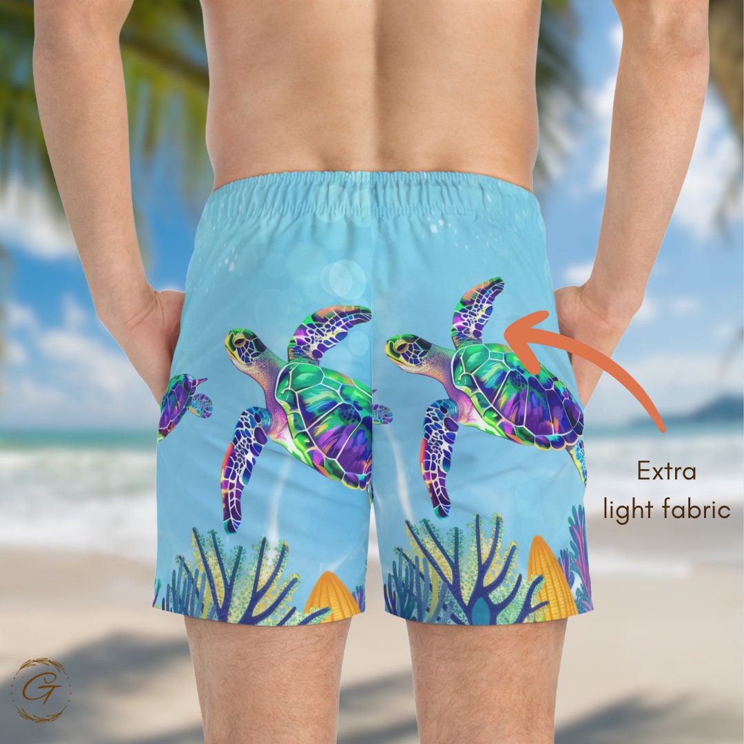 Turtles and Corals AOP Swim Trunks, Vibrant Beachwear for Summer, Perfect for Beach Days Great Summer Gift Ideal for Pool or Beach Gift Idea