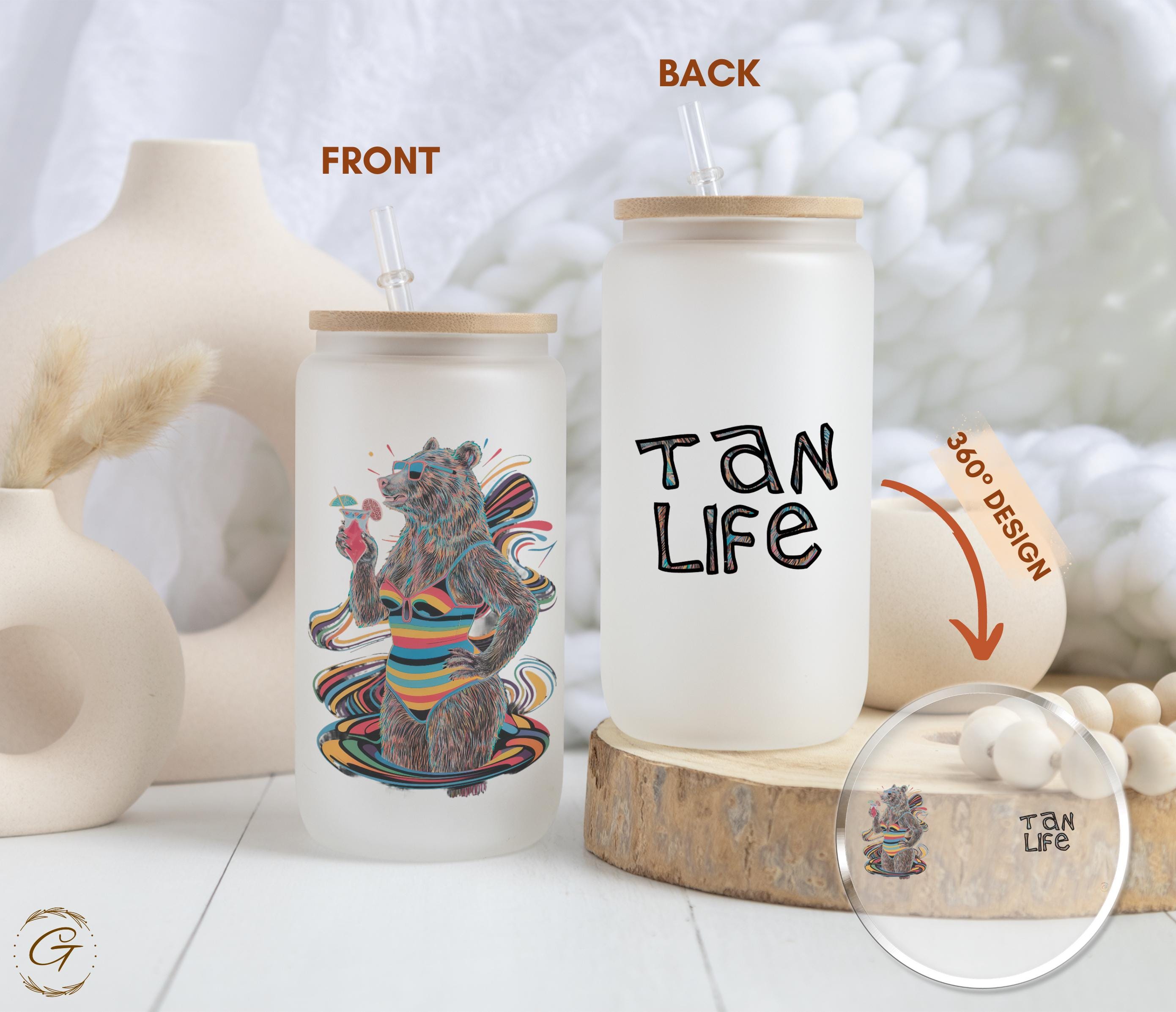 Summer Bear Tan Life Design Frosted Glass Cup