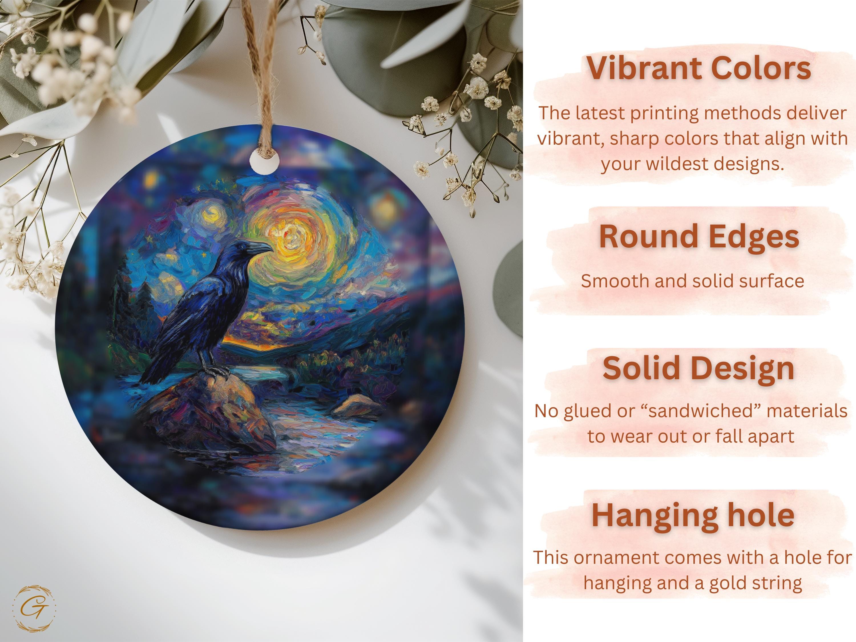 Halloween Raven Moonlit Night Art, Colorful Painting, Landscape Bird Decors, Nature Inspired Artworks, Unique Ornaments, Gift for Art Lovers