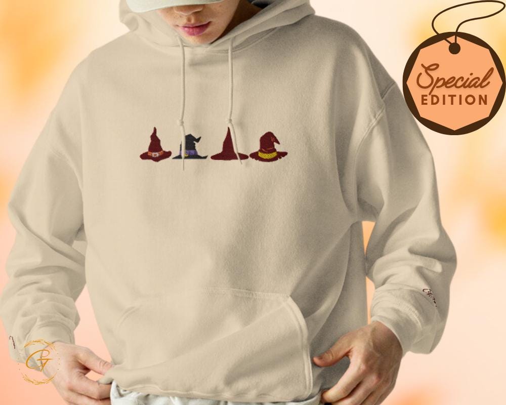 Halloween Hoodie, Stylish Embroidery Design Hooded Sweatshirt, Unique Hooded Pullover, Wizard Hat Graphic Hooded Sweatshirt, Cozy Hooded Top