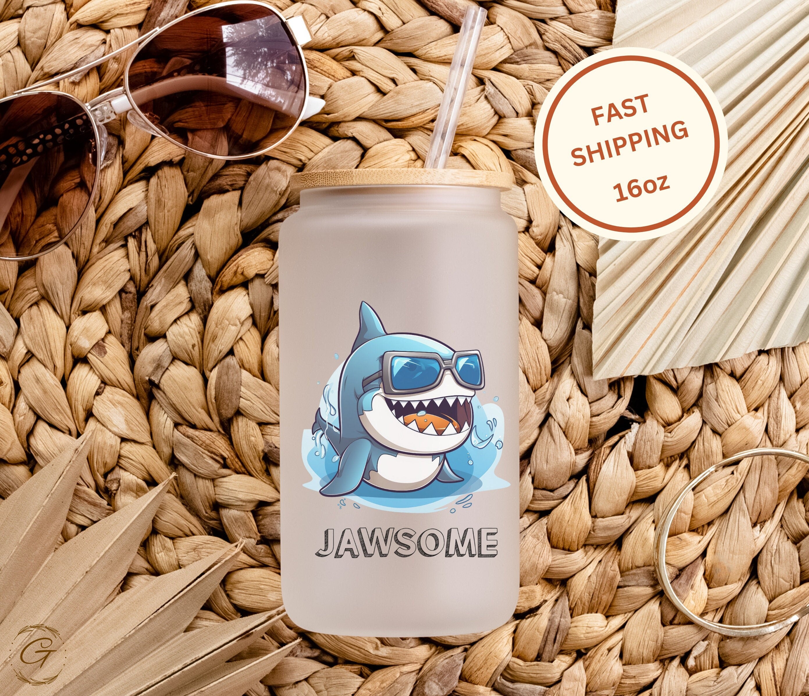 Jawsome Shark Frosted Glass Cup, Fun Libbey Glass Can