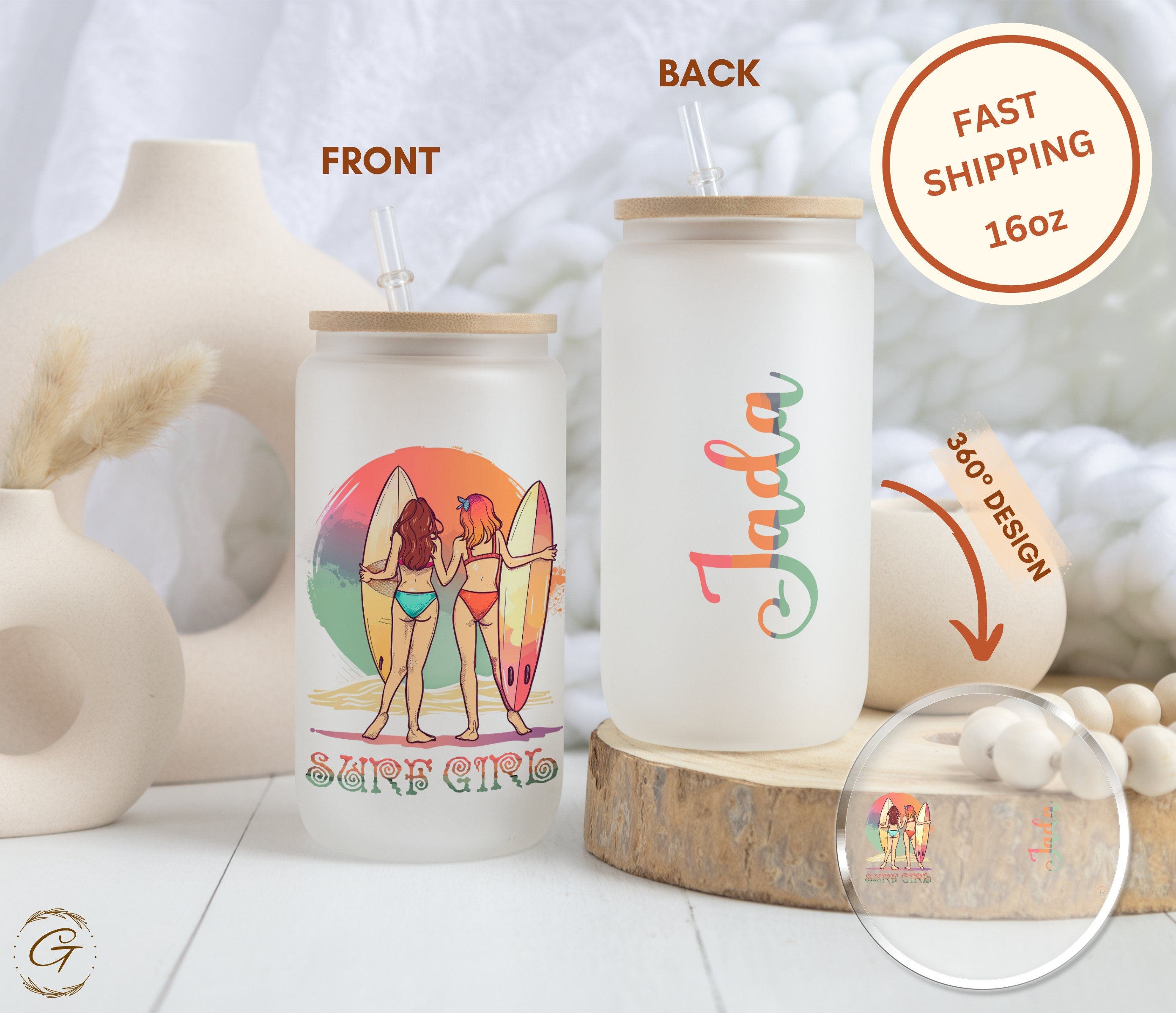 Retro Surf Girls Design Personalized Name Frosted Glass Cup