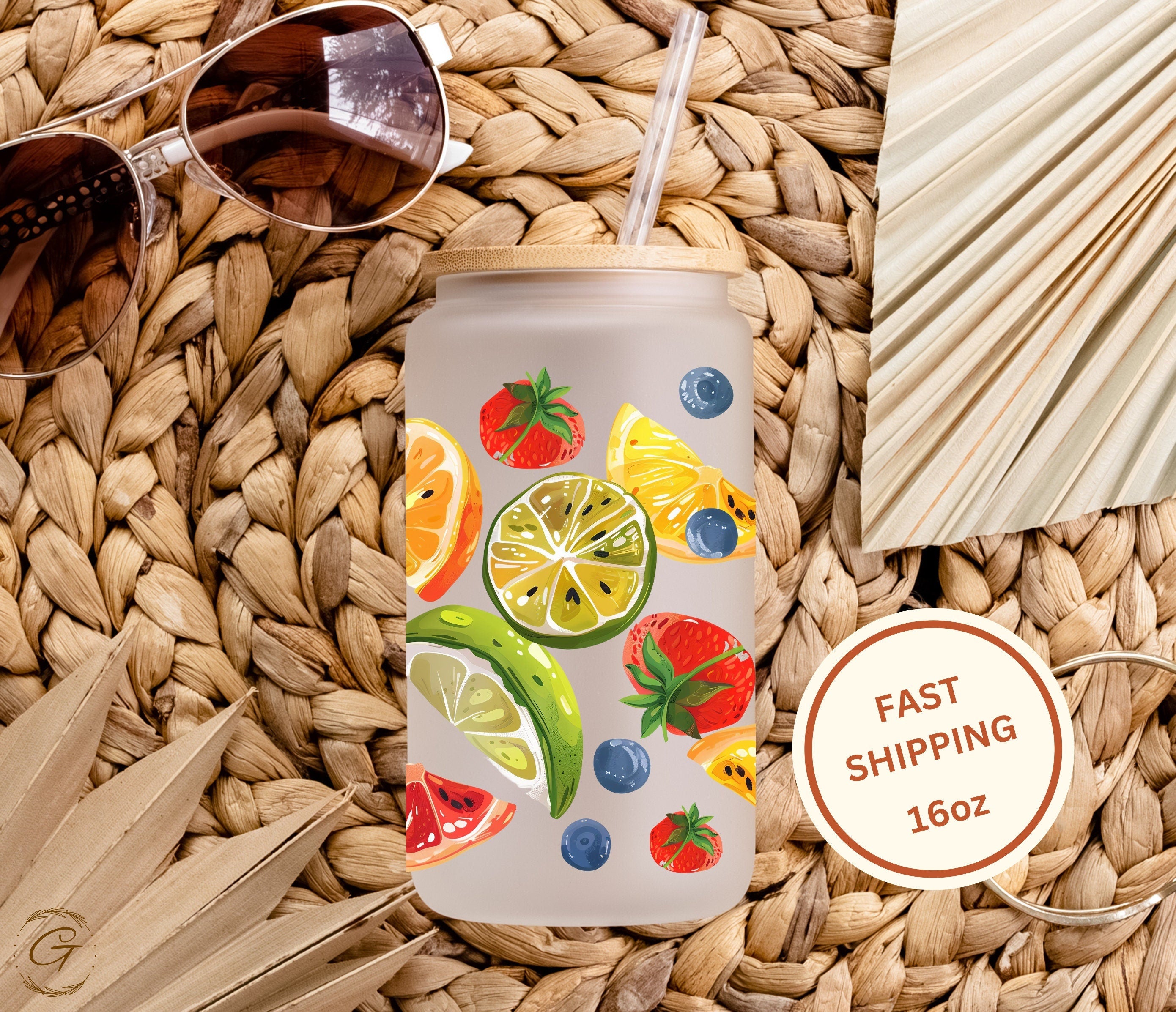 Summer Fruit Slices Frosted Libbey Cup 16oz | Perfect Tropical Gift  | Beach Lover Gifts | Celebrate Summer Vibes with Colorful Fruit Design