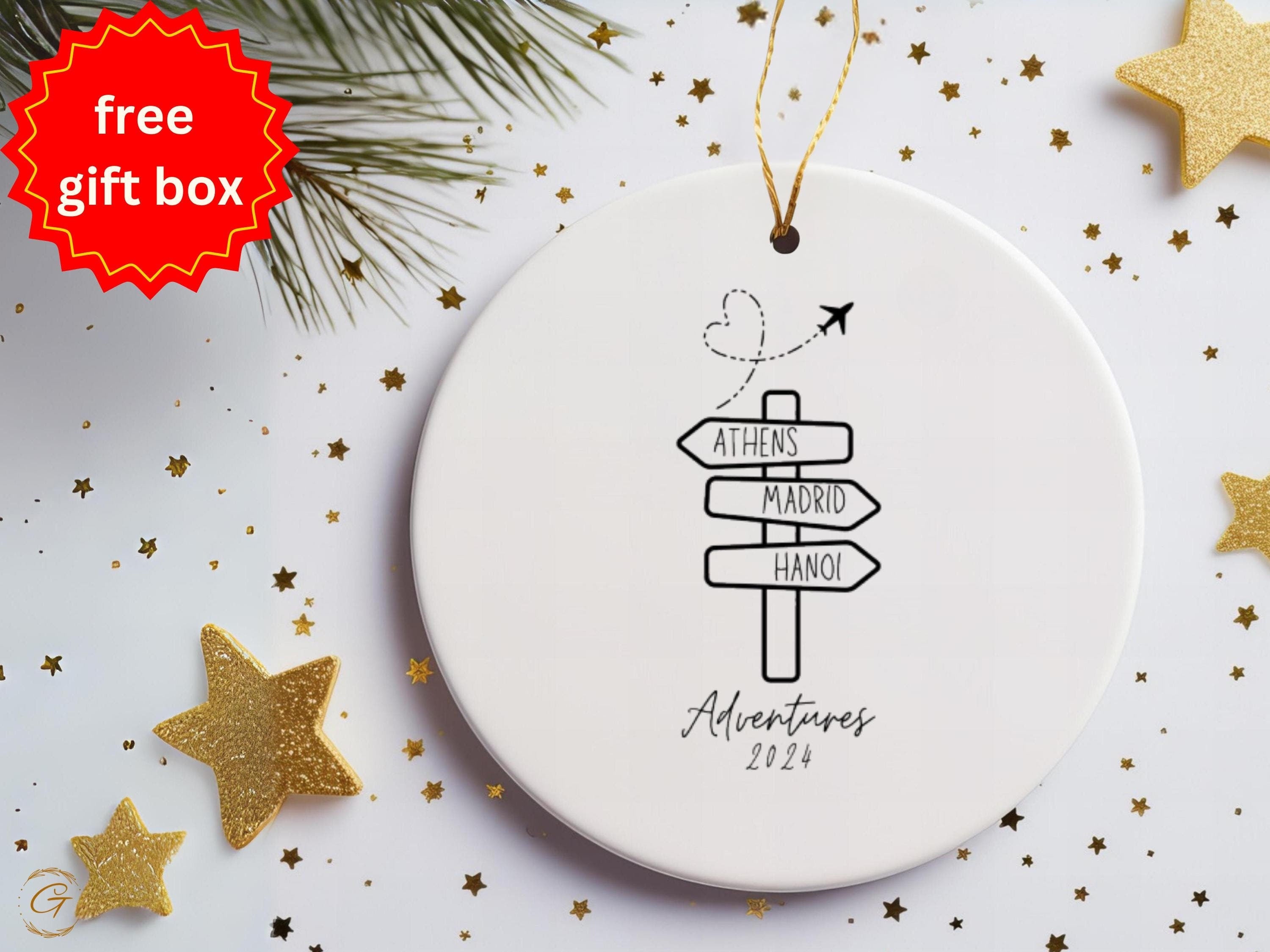 Personalized Adventure Ornaments, 2024 Travel Signpost Athens Madrid Hanoi, Unique Gift Keepsake Souvenir, Traveller Holiday Decoration Gift