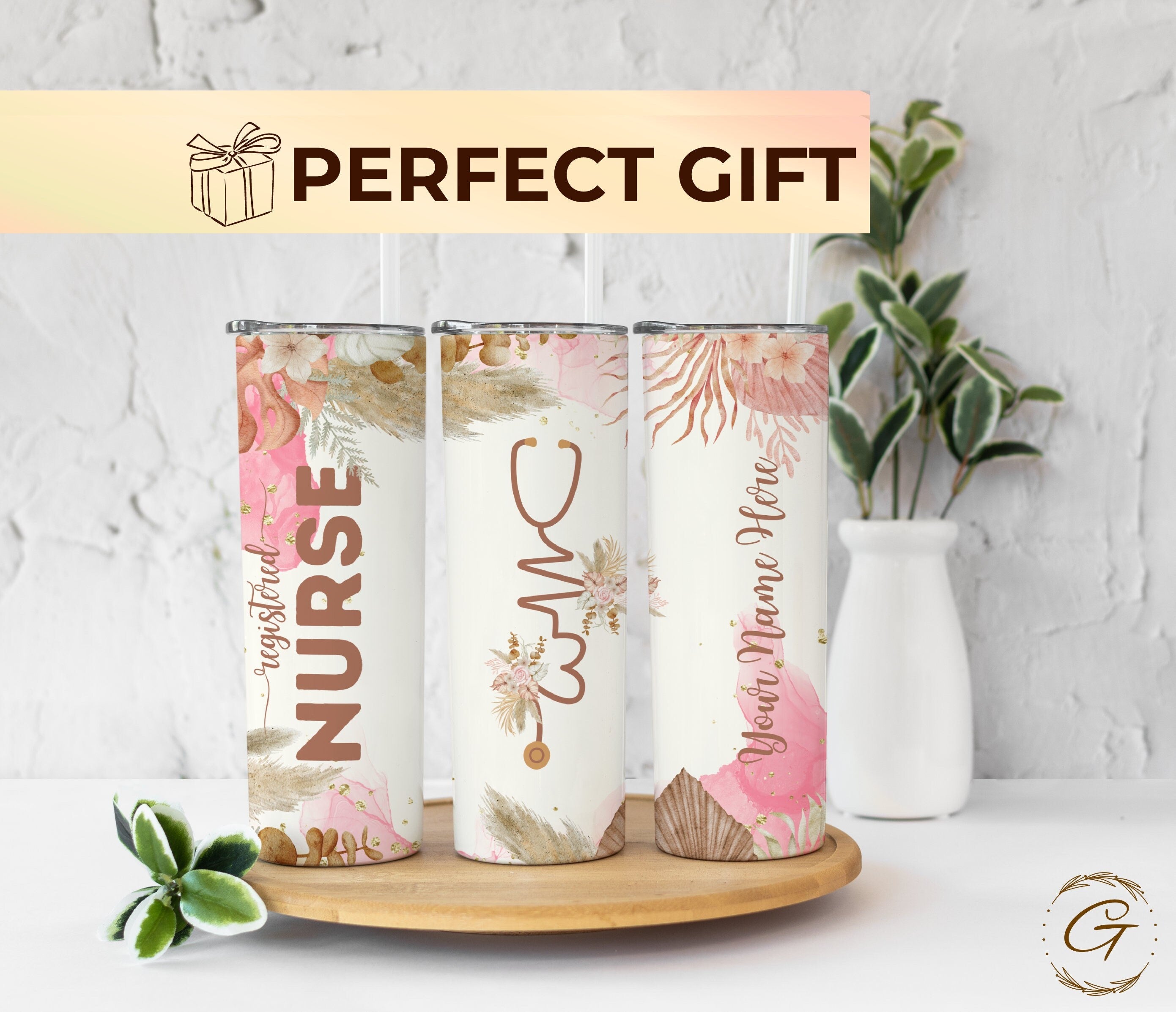 RN Boho Chic Floral Personalised Nurse 20 oz Tumbler