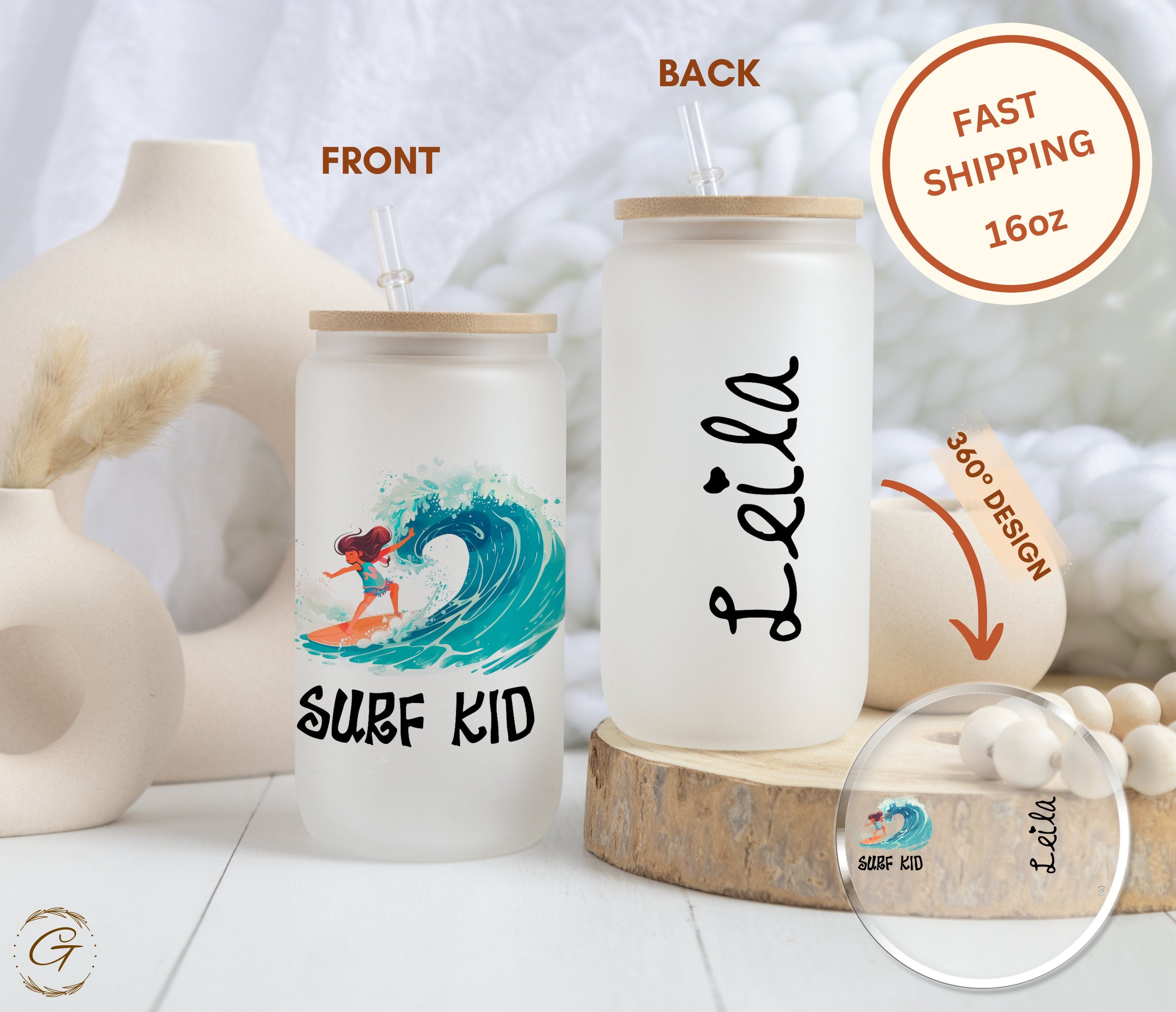 Surf Kid Big Wave Design Frosted Glass Cup