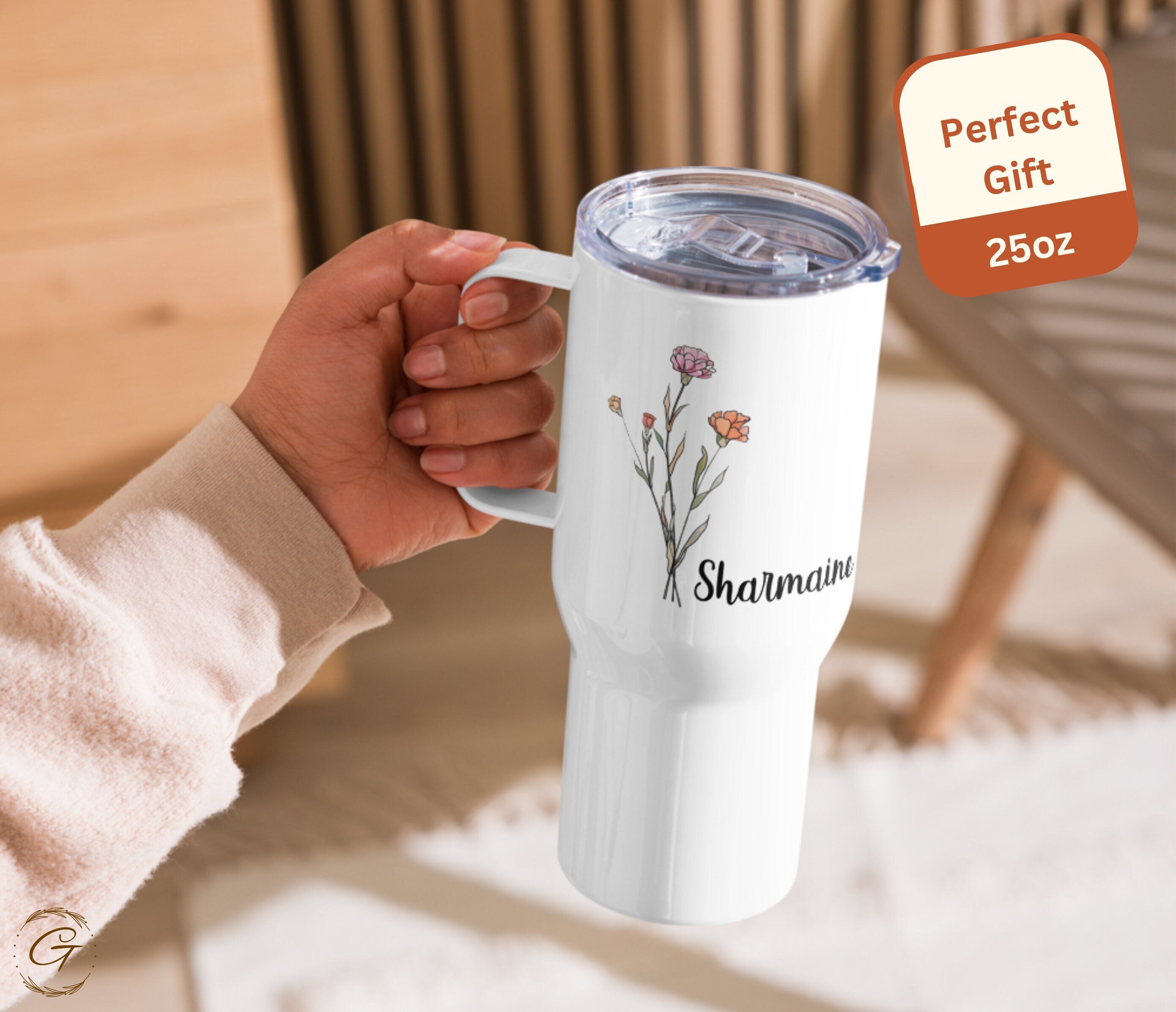 Personalized Birth Flower & Name 25 oz Travel Mug with Handle - Custom Floral Unique Mother's Day Gift Bridesmaid Gift and For Coffee Lovers