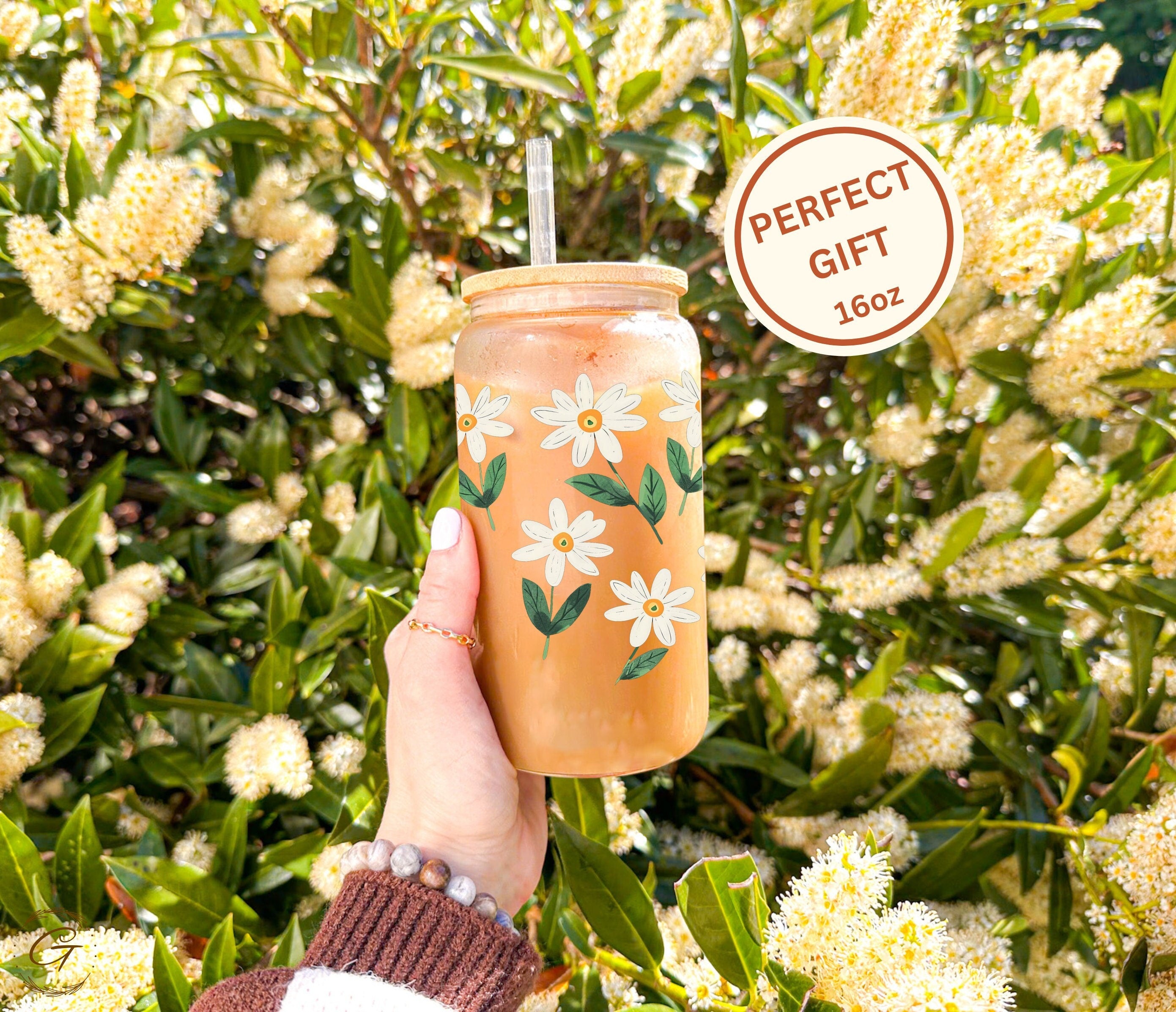 Daisy Flowers Iced Coffee Glass Can