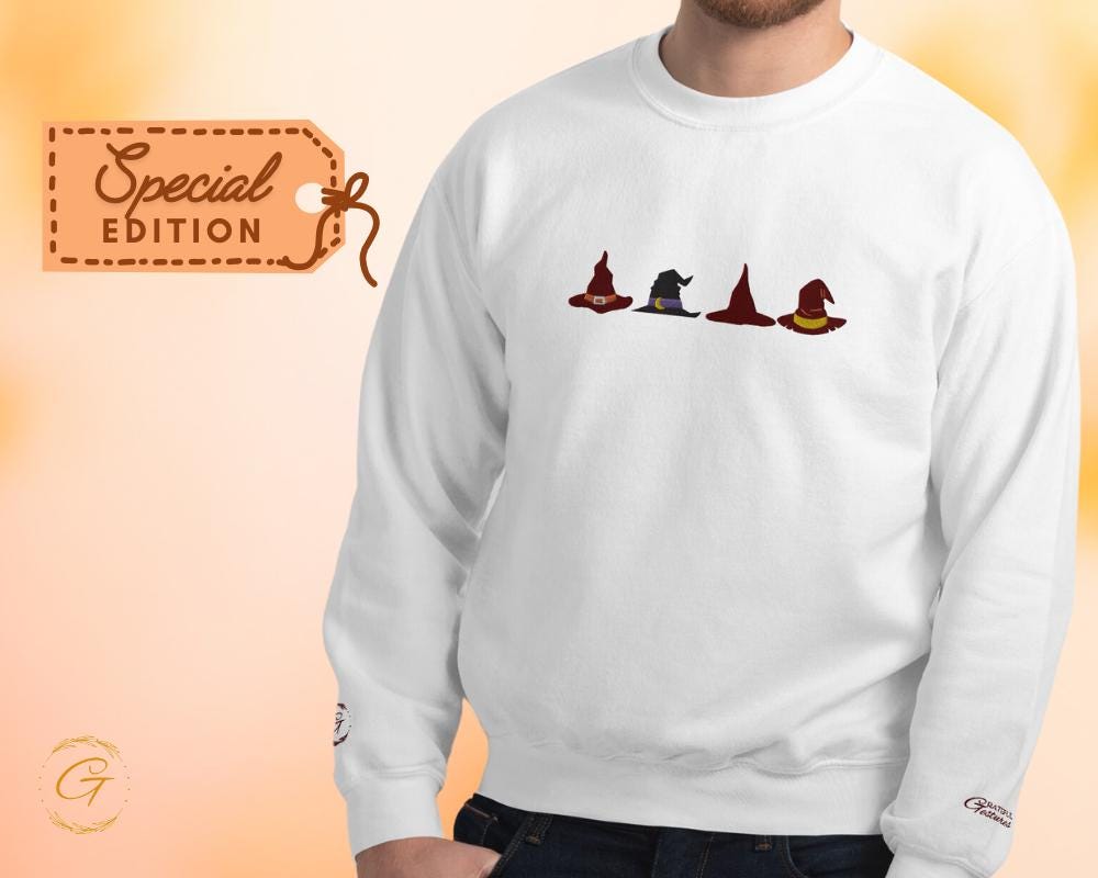 Halloween Sweatshirt, Embroidery Design Witch Hats Crewneck Halloween Sweatshirt, Long Sleeve Top, Casual Pullover Fall Fashion Witchy Shirt