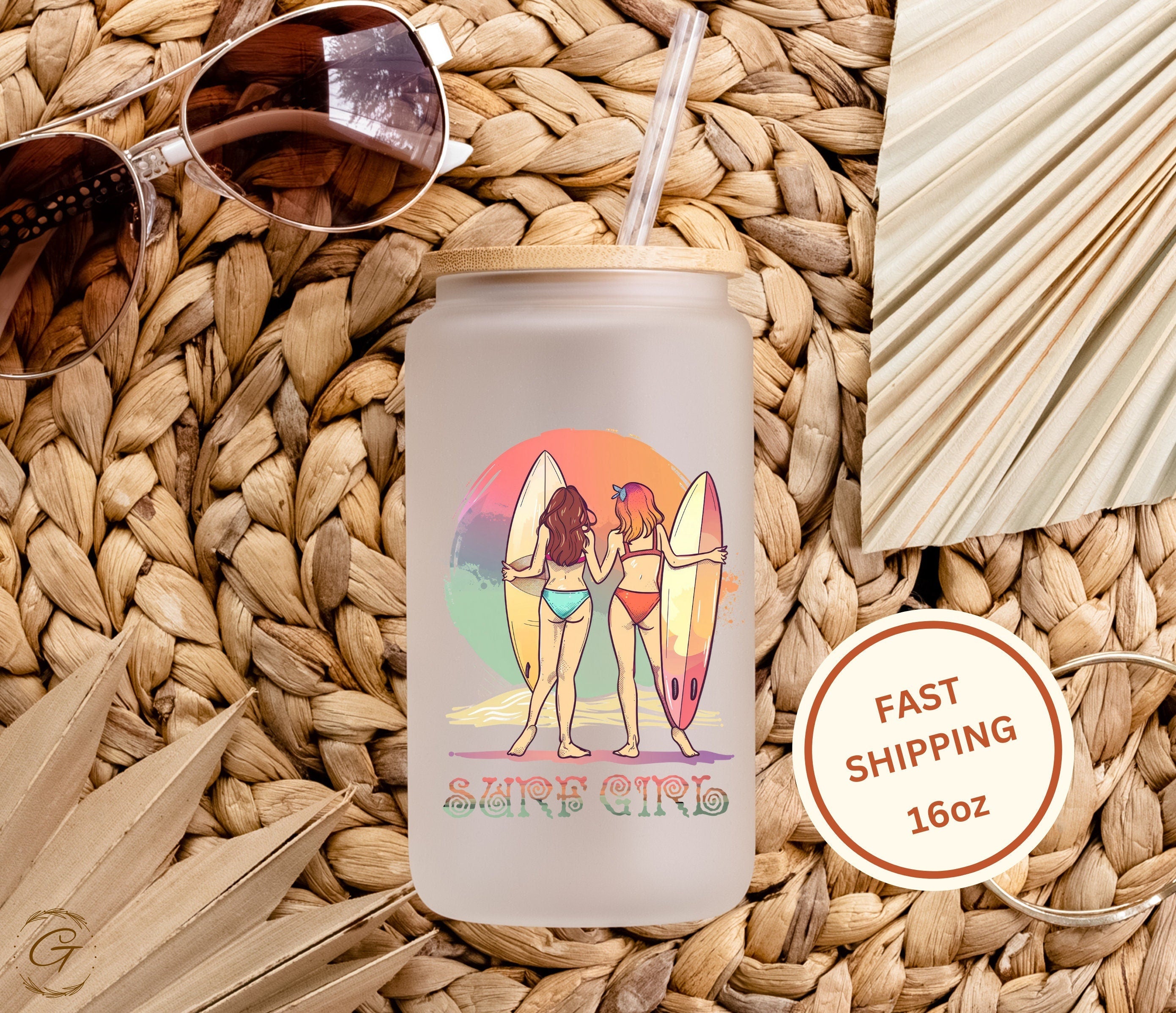 Retro Surf Girls Design Personalized Name Frosted Glass Cup