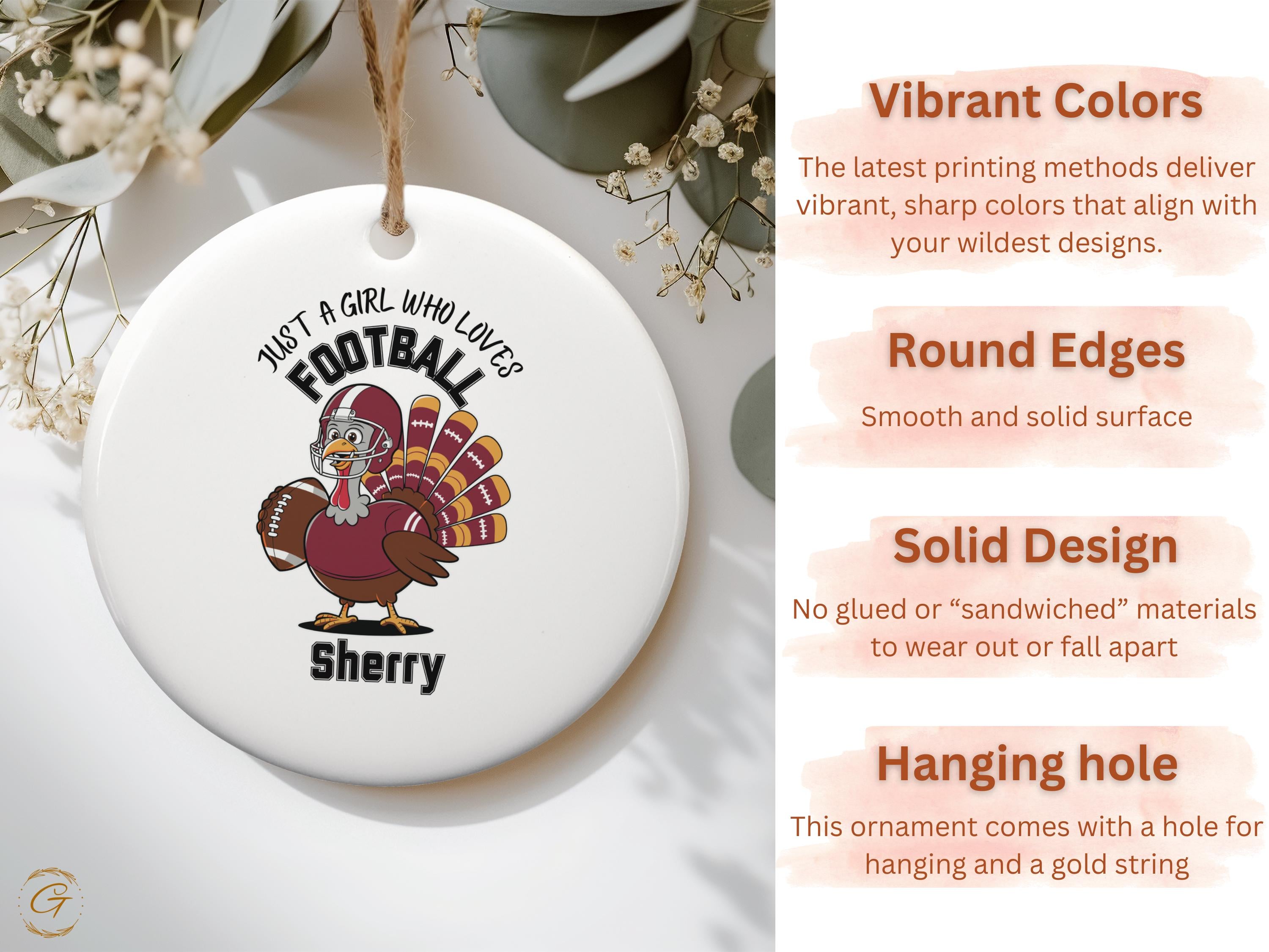Personalized Thanksgiving Football Ornaments, Girl Who Loves Football Turkey Holiday Keepsakes, Holiday Ornaments, Football Turkey for Girls