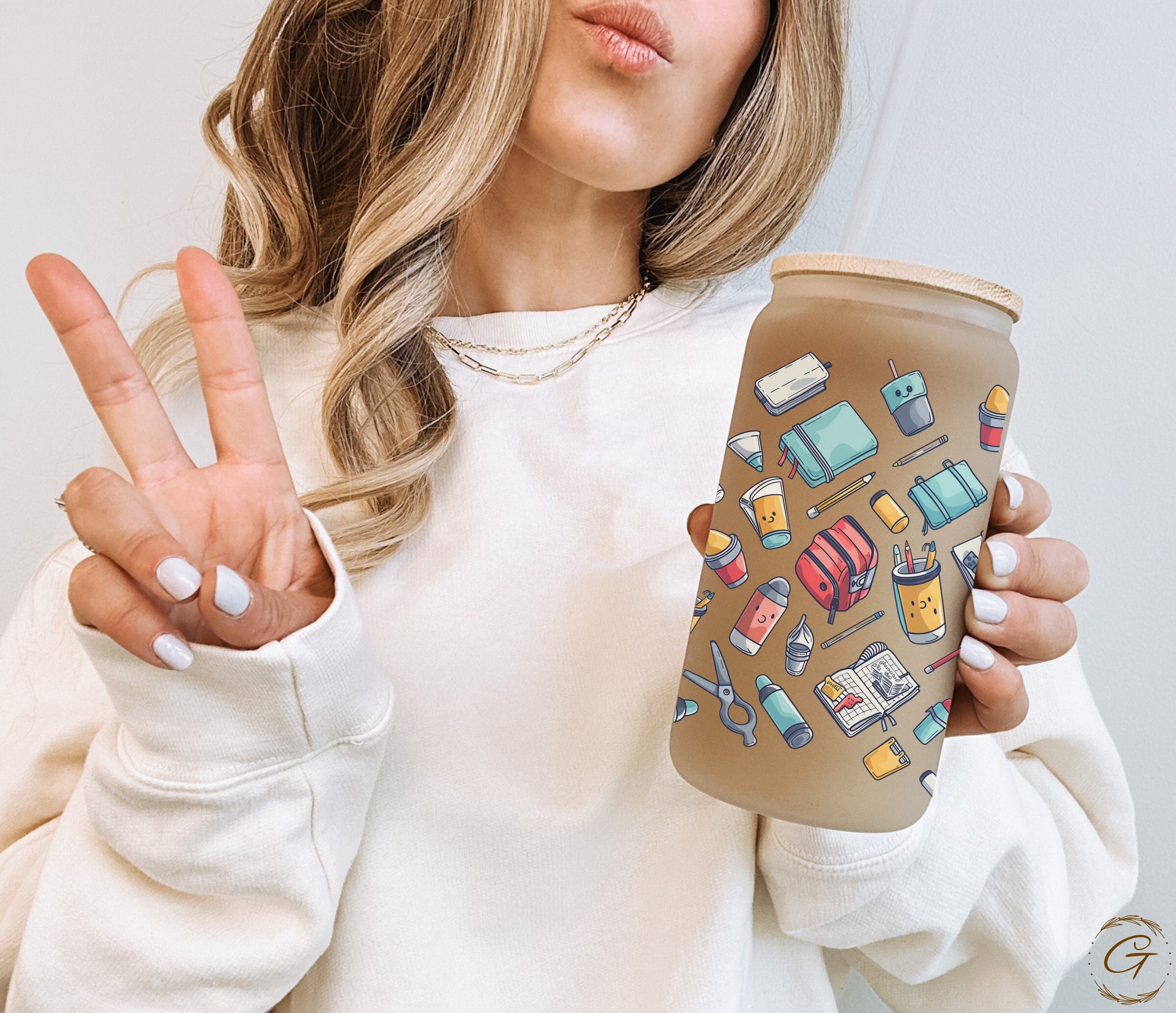 School Supplies Pattern Frosted Glass Cup