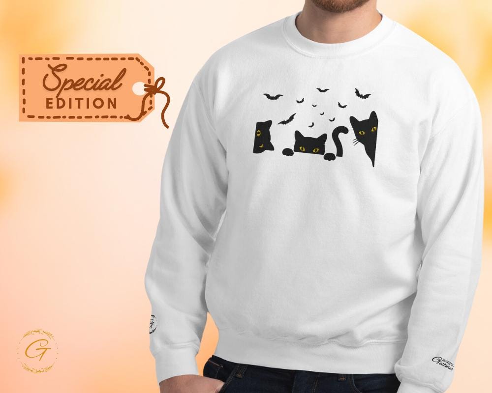 Halloween Sweatshirt, Embroidery Design Spooky Cats and Bats Pullover, Spooky Season Black Cat Sweatshirt Creepy Cute Cat Lover Crewneck Top