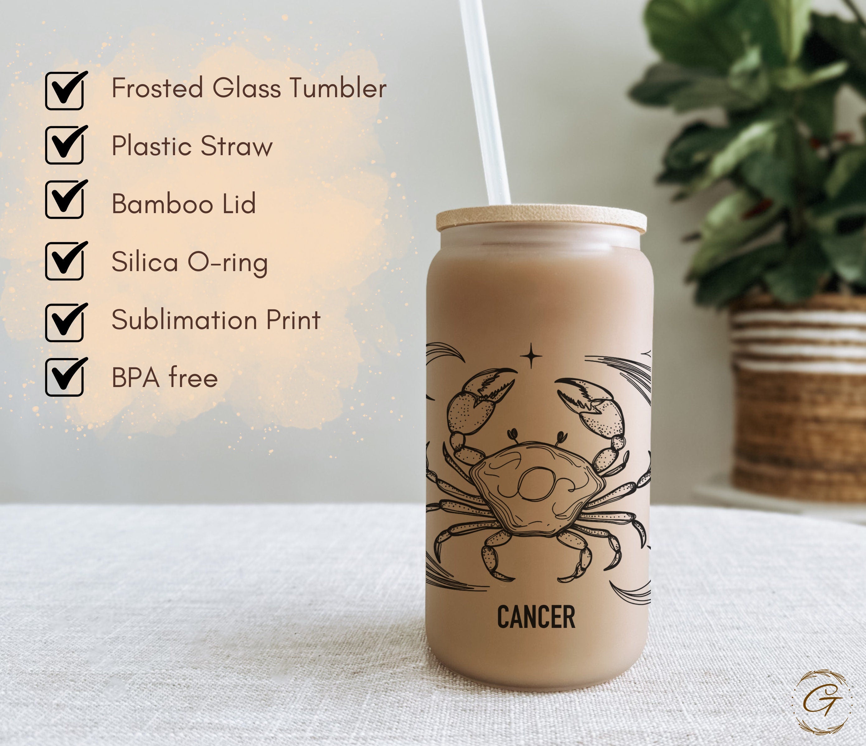 Cancer Zodiac Sign Frosted Glass Cup Cancer Astrology Libbey Glass
