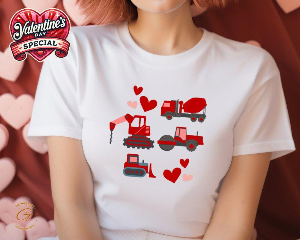 Valentine T-Shirt, Construction Vehicles and Hearts Tee