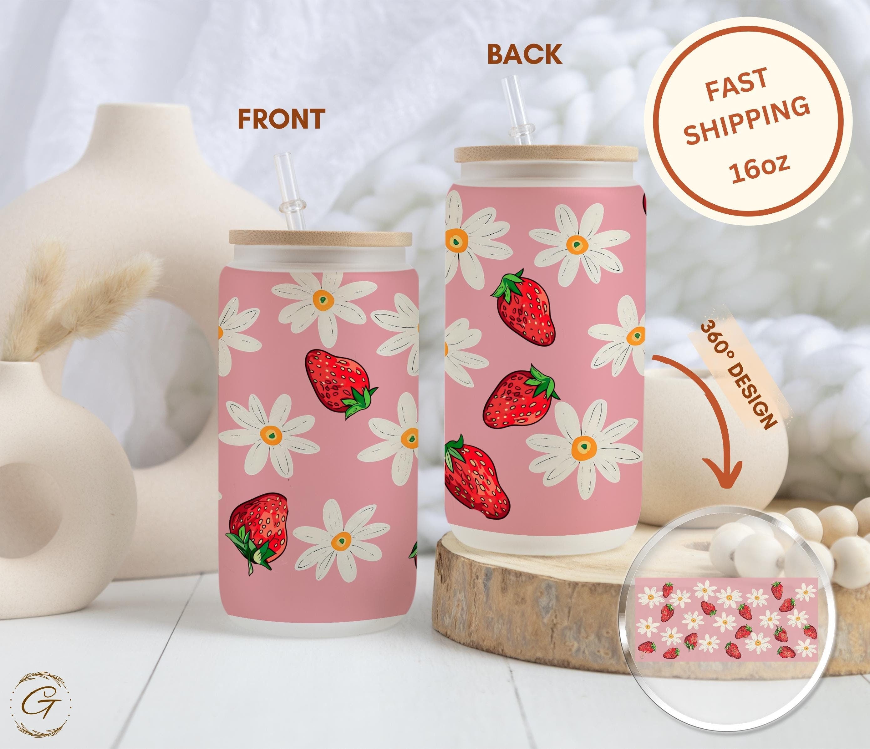 Strawberry and Daisy Design Frosted Glass Cup