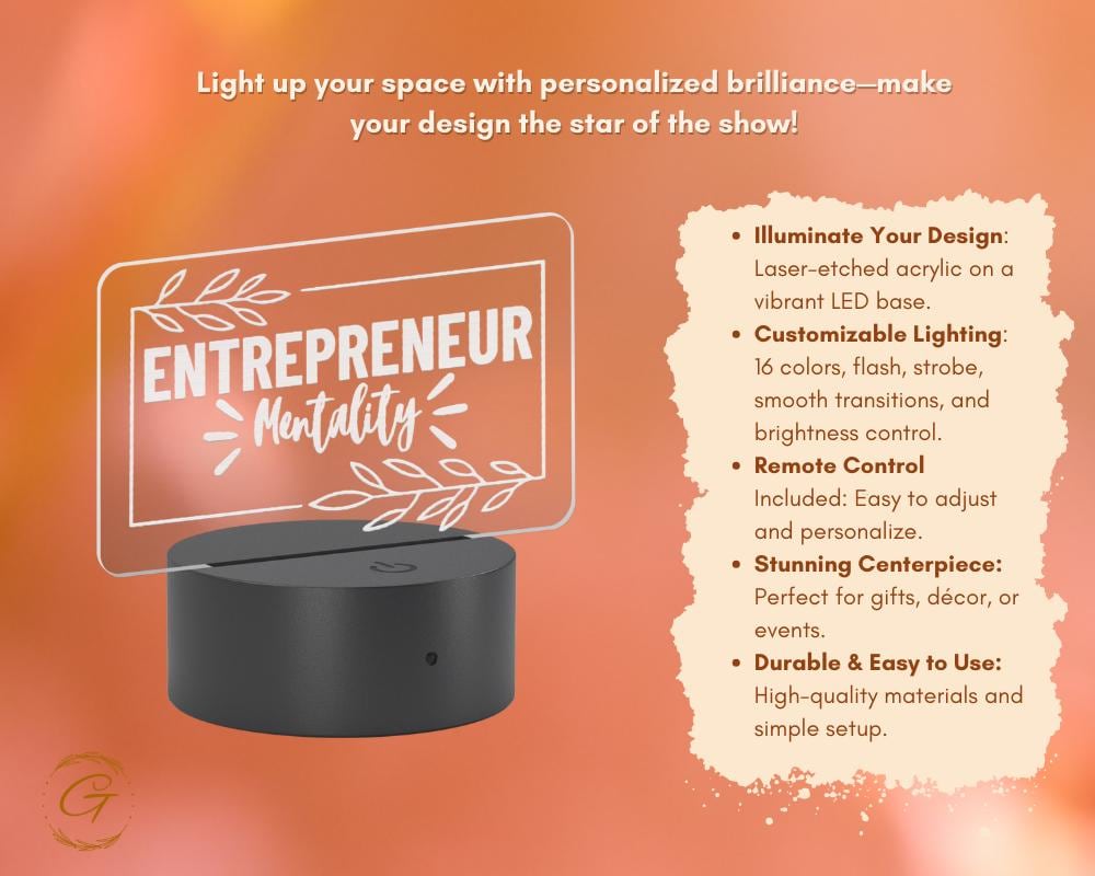 Entrepreneur Mentality Name Plate Acrylic LED Light, Motivational  Sign, Custom LED Room Decor, Unique Gift for Entrepreneurs, Success Decor