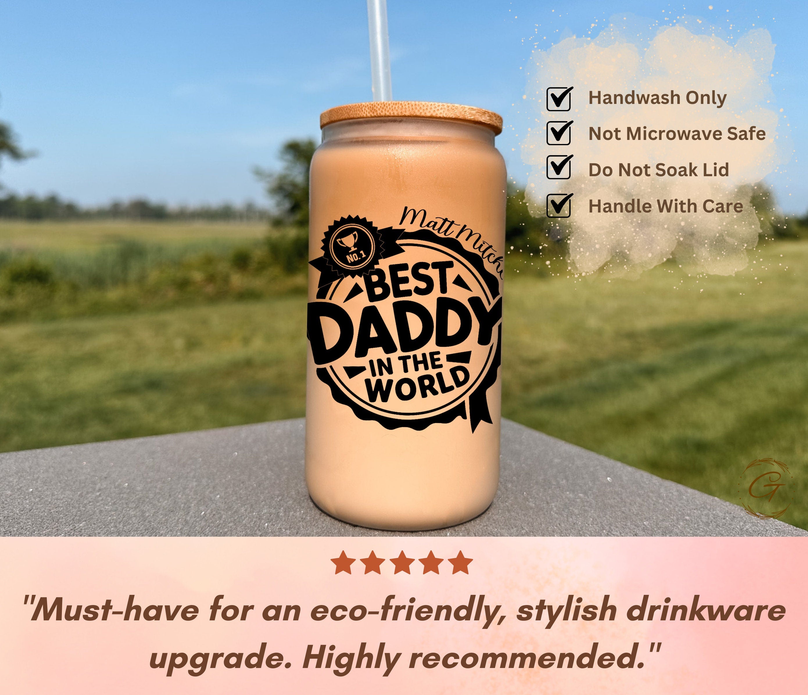 Custom Name Best Daddy in the World Frosted Glass Cup 16oz, Perfect Unique Father’s Day Gift,  Ideal for Morning Coffee, Thoughtful Dad Gift