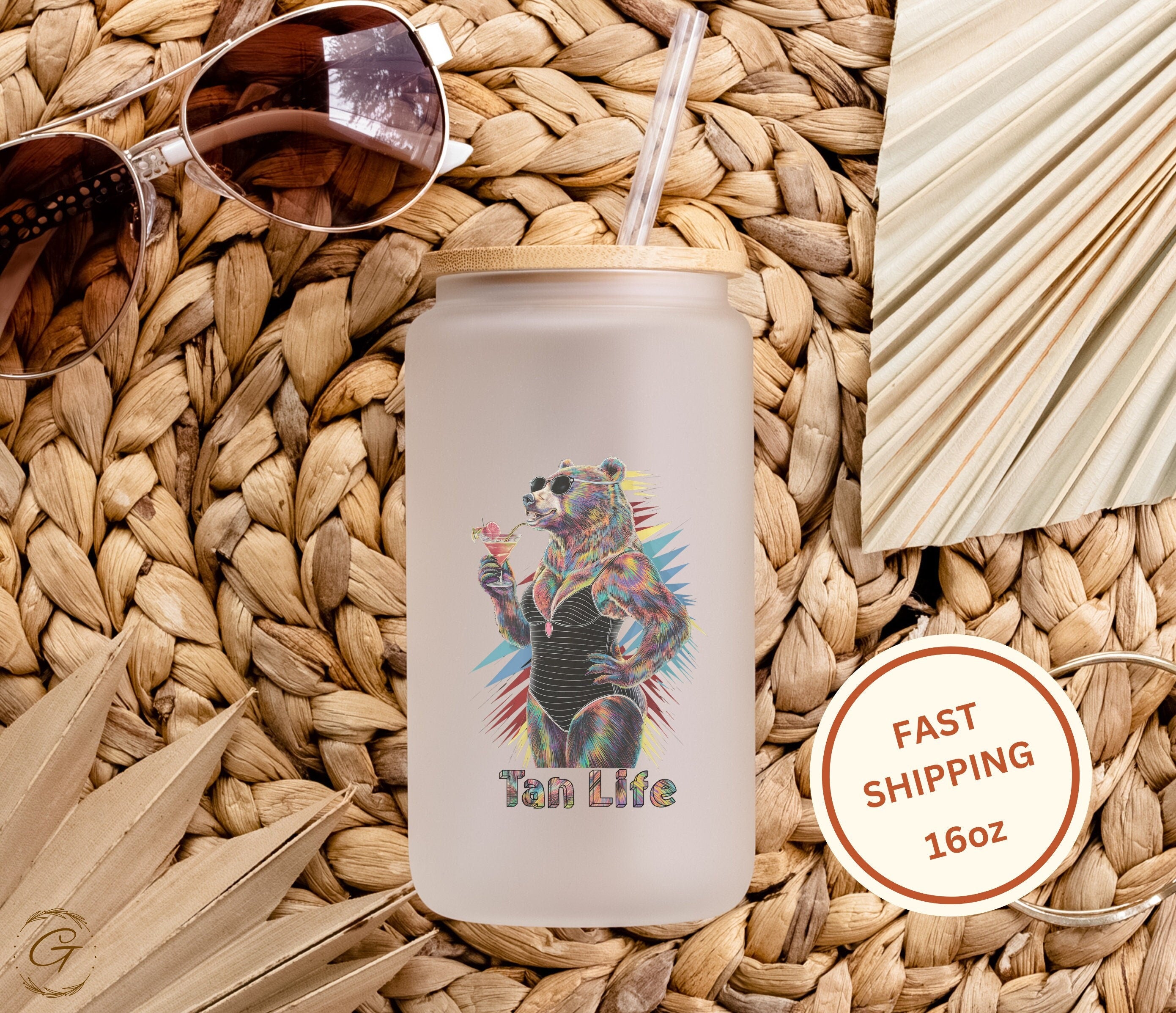 Tan Life Bear Design Frosted Glass Cup
