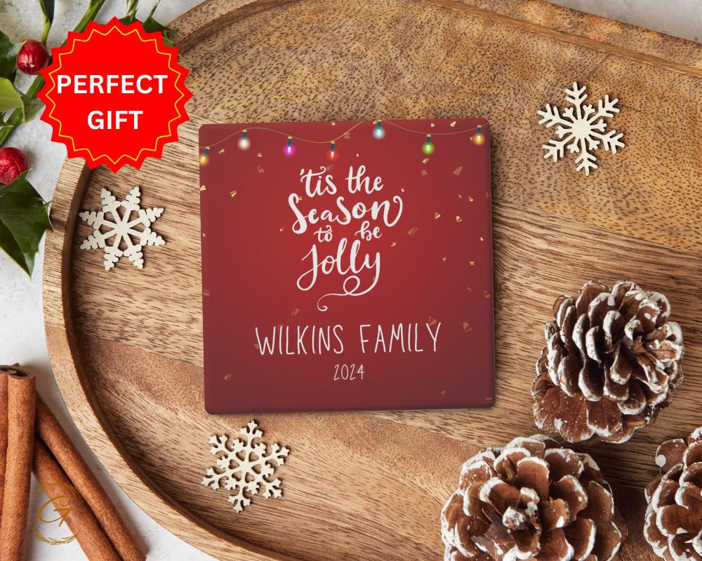Personalized Christmas Soapstone Coaster with Custom Name Design, Holiday Drink Holder with Cork Backing,  Perfect Gift for Family & Friends