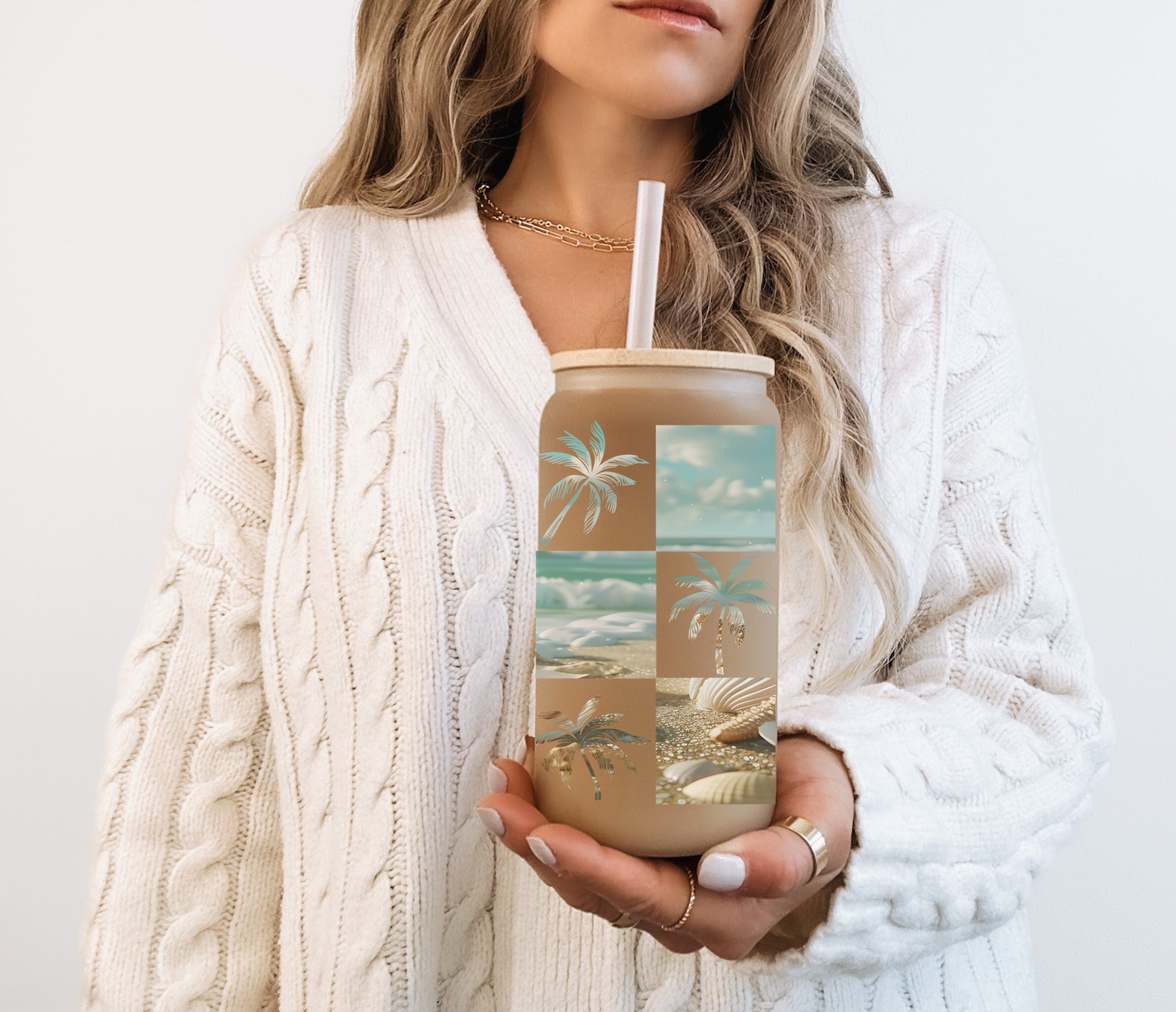 Tropical Checkered Beach Design Frosted Glass Cup