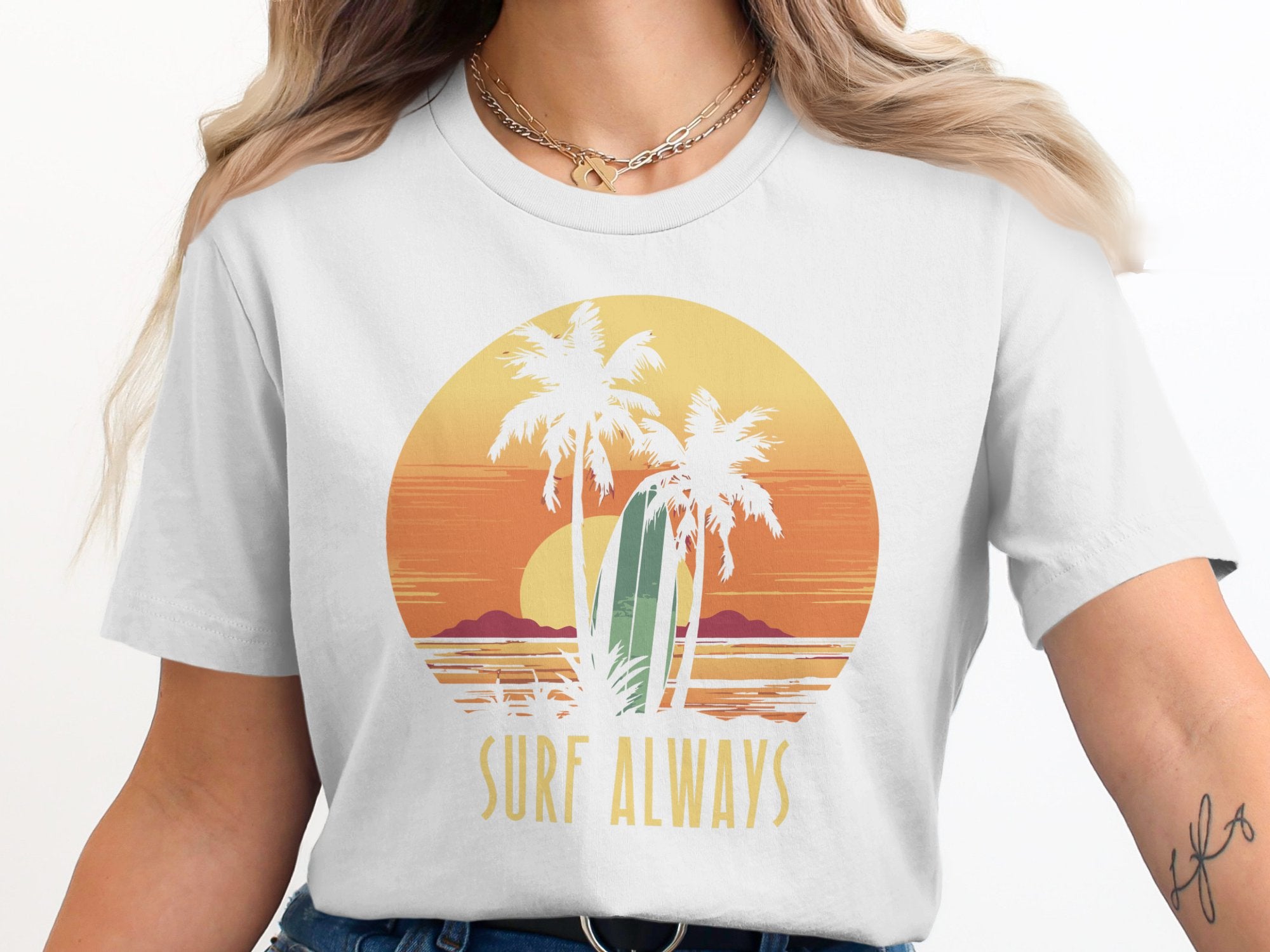 Surf Always Retro Palm Trees Graphic Tee Shirt product