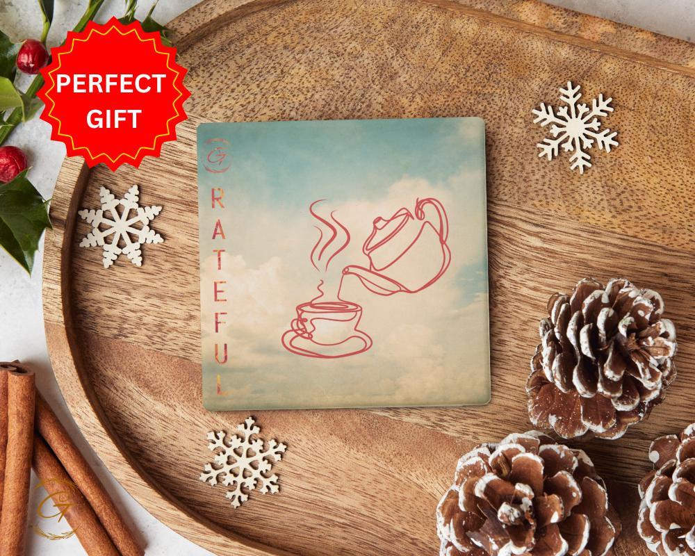 Square Stone Coasters with Grateful Tea Time Design, Durable Cork Backing, Elegant and Absorbent Drink Coaster, Home Decor Perfect Gift Idea