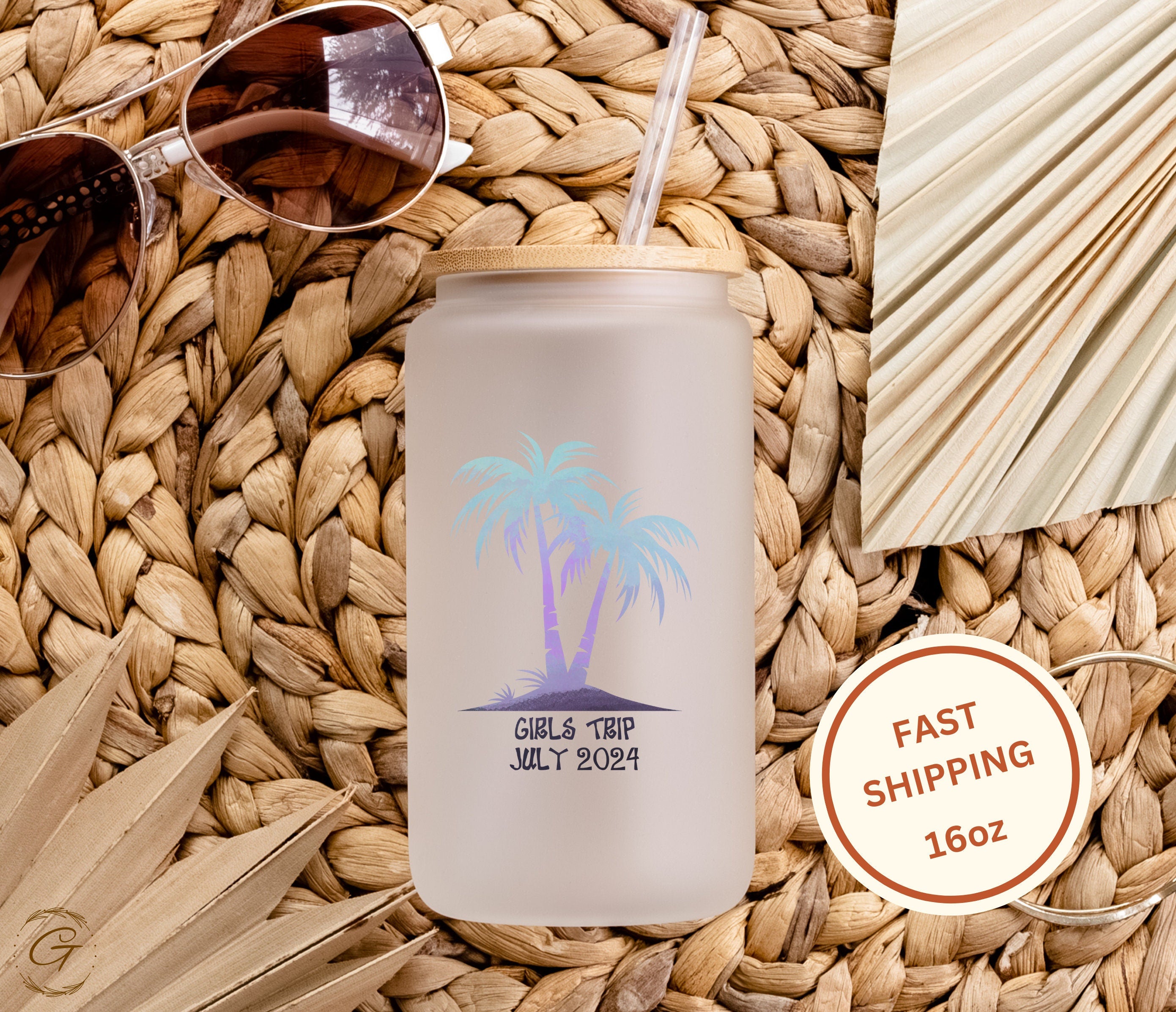 Personalized Island Palm Trees Frosted 16oz Glass Cup