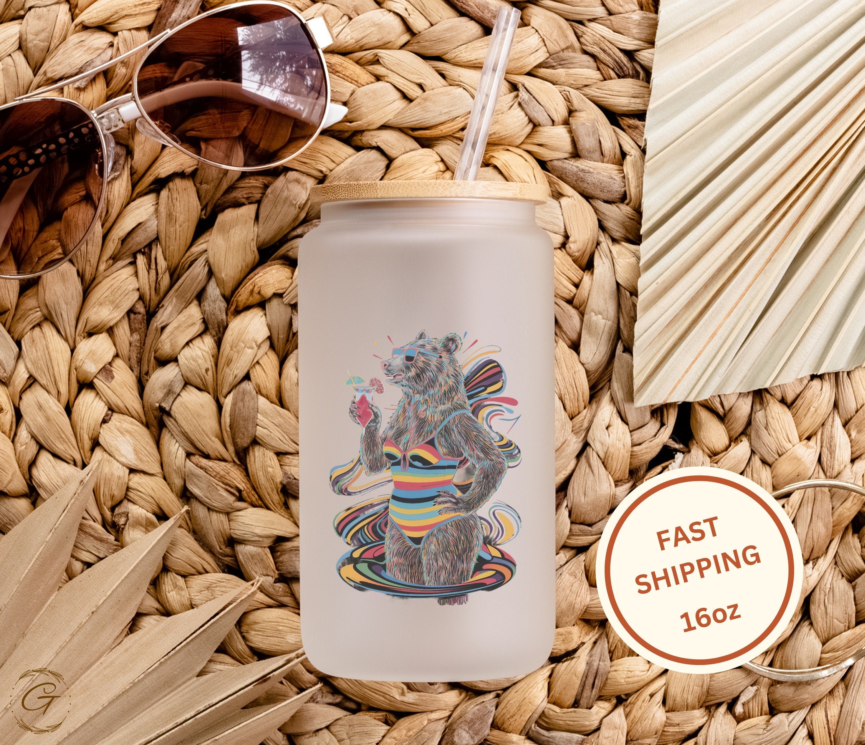 Summer Bear Tan Life Design Frosted Glass Cup