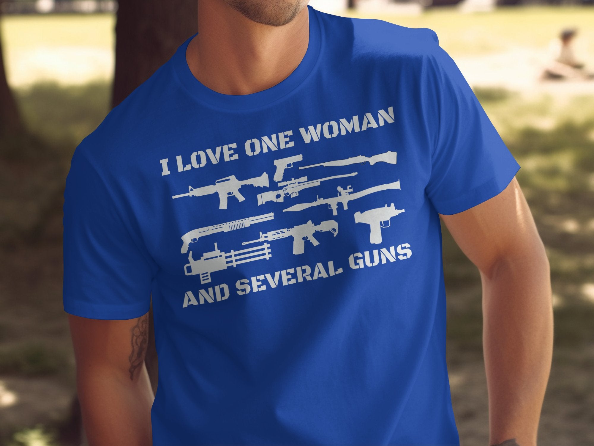 I Love One Woman and Several Guns Blue T-Shirt product type
