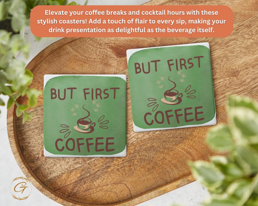 Square Stone Coaster with a Quote "But First Coffee" Cork Backing Stylish Absorbent Coaster Ideal For Coffee Lovers Kitchen and Office Decor