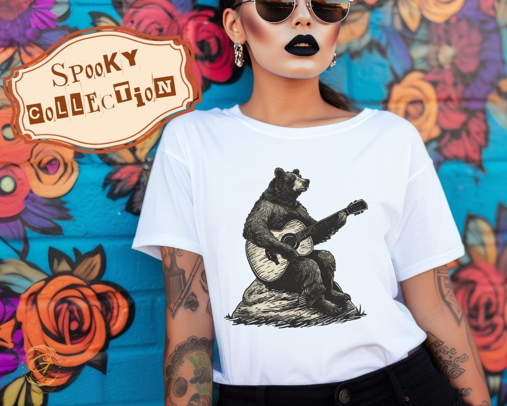 Bear Playing Guitar Graphic Tee, Funny Bear T-Shirt Design