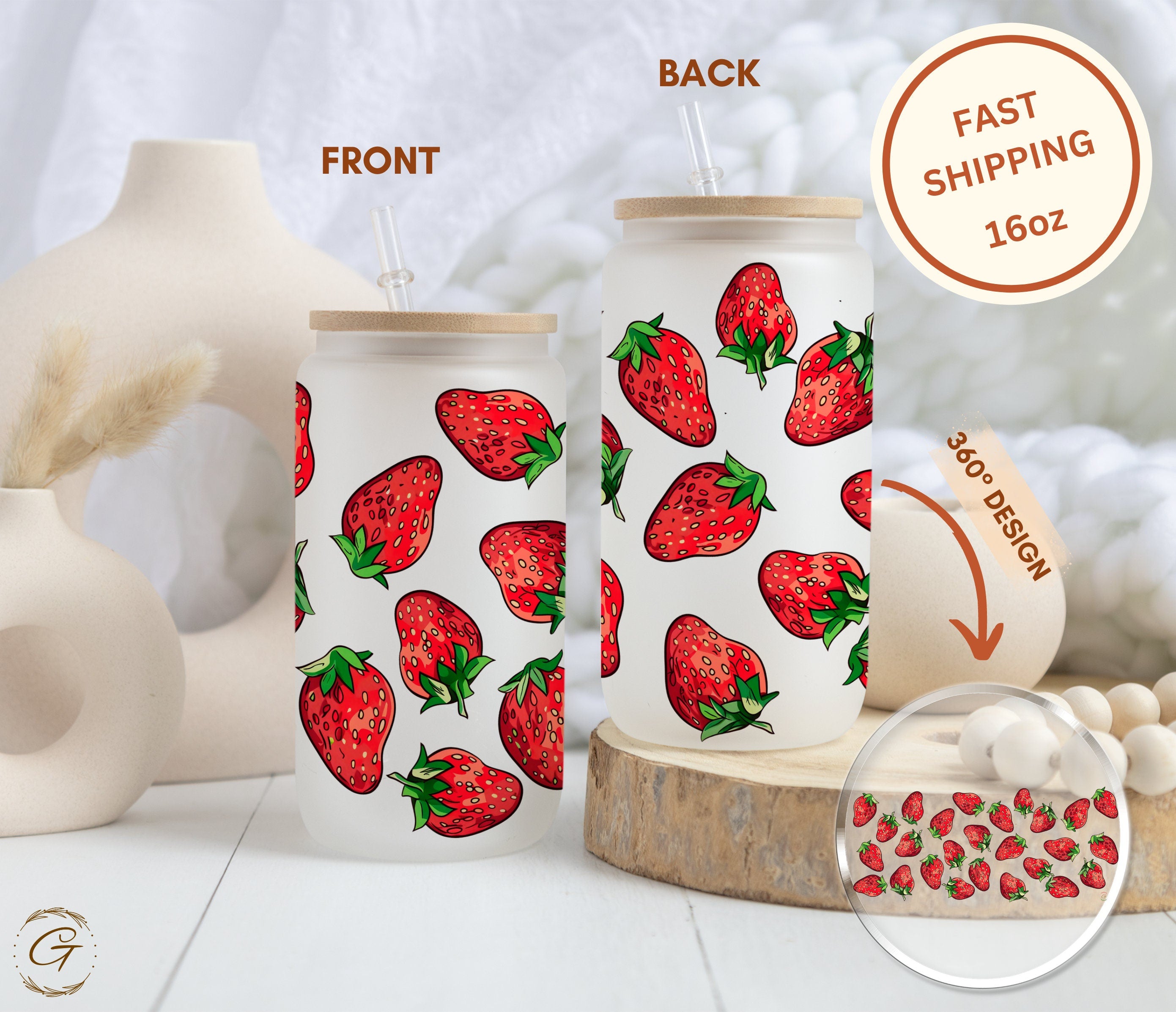 Strawberry Pattern Frosted Glass Libbey Cup