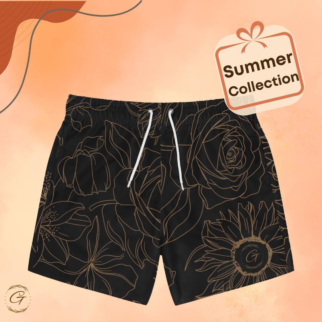 Black and Gold Floral AOP Swim Trunks