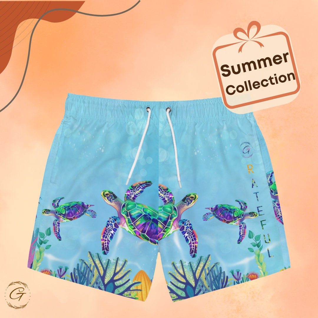 Turtles and Corals AOP Swim Trunks, Vibrant Beachwear for Summer, Perfect for Beach Days Great Summer Gift Ideal for Pool or Beach Gift Idea