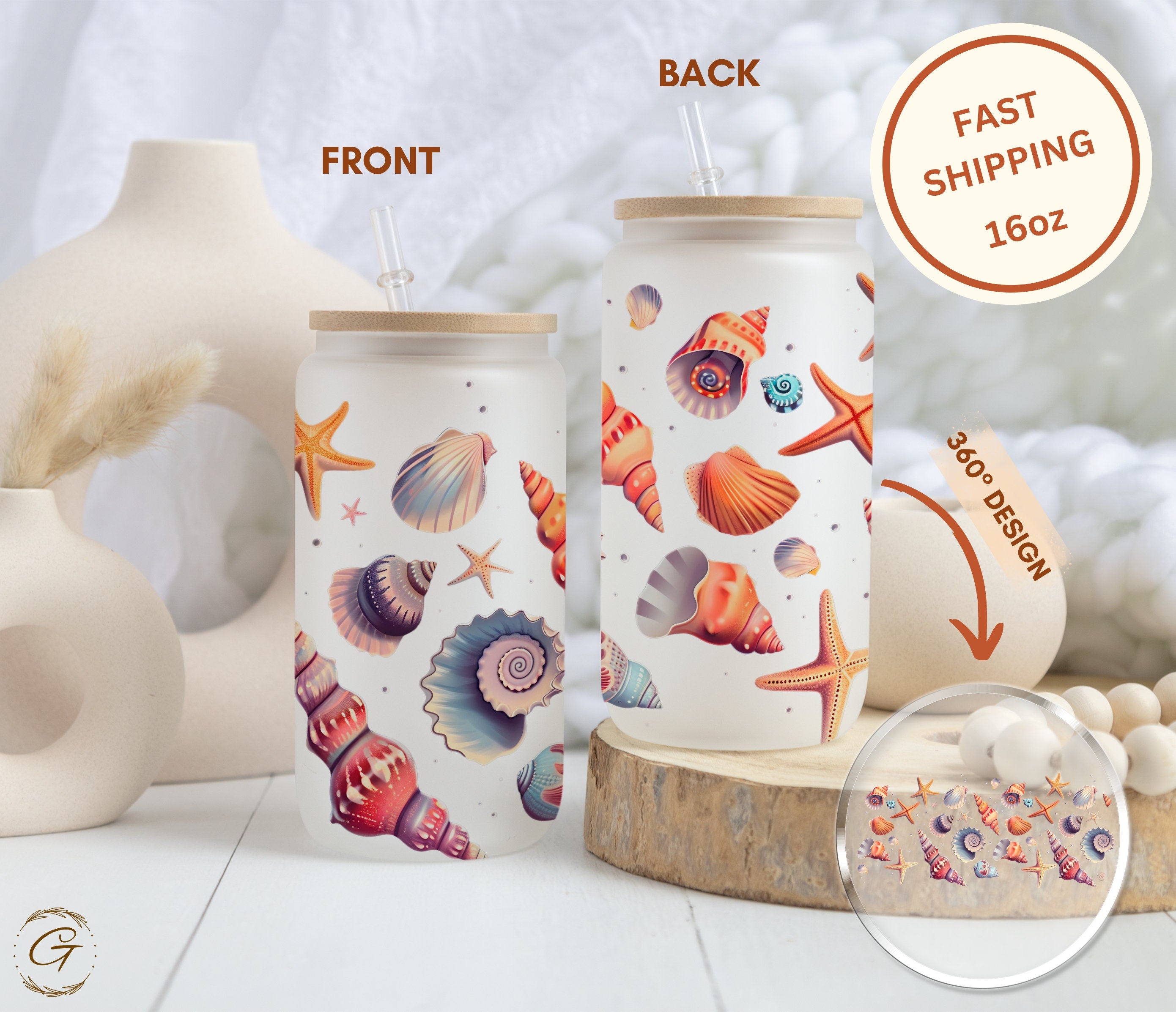 Seashells Frosted Glass Cup Personalized Libbey Cup