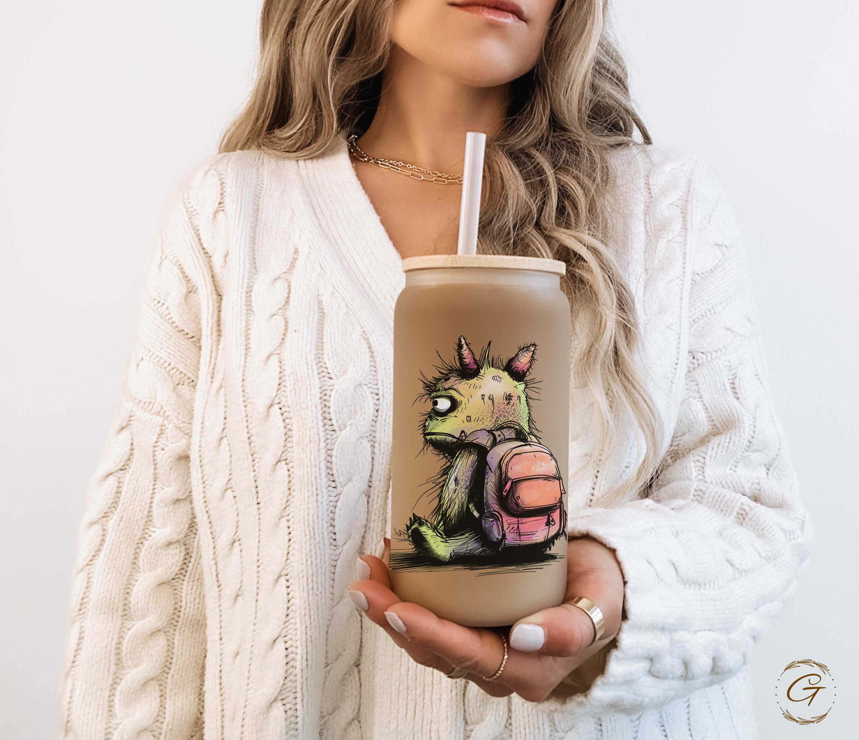 Cute Frosted Glass Cup with Summer Monster