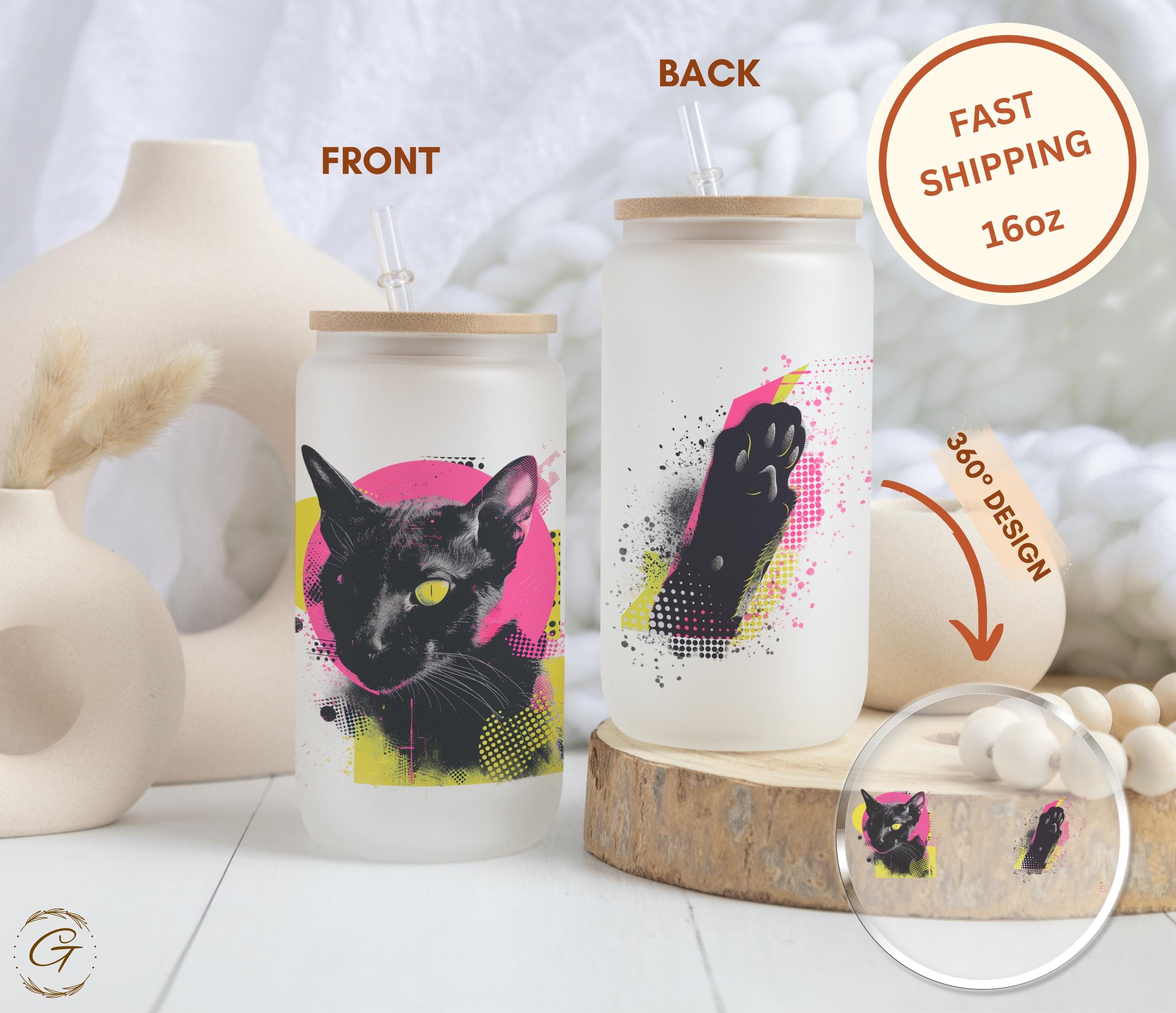Cat Lover Neon Colored Frosted Glass Cup